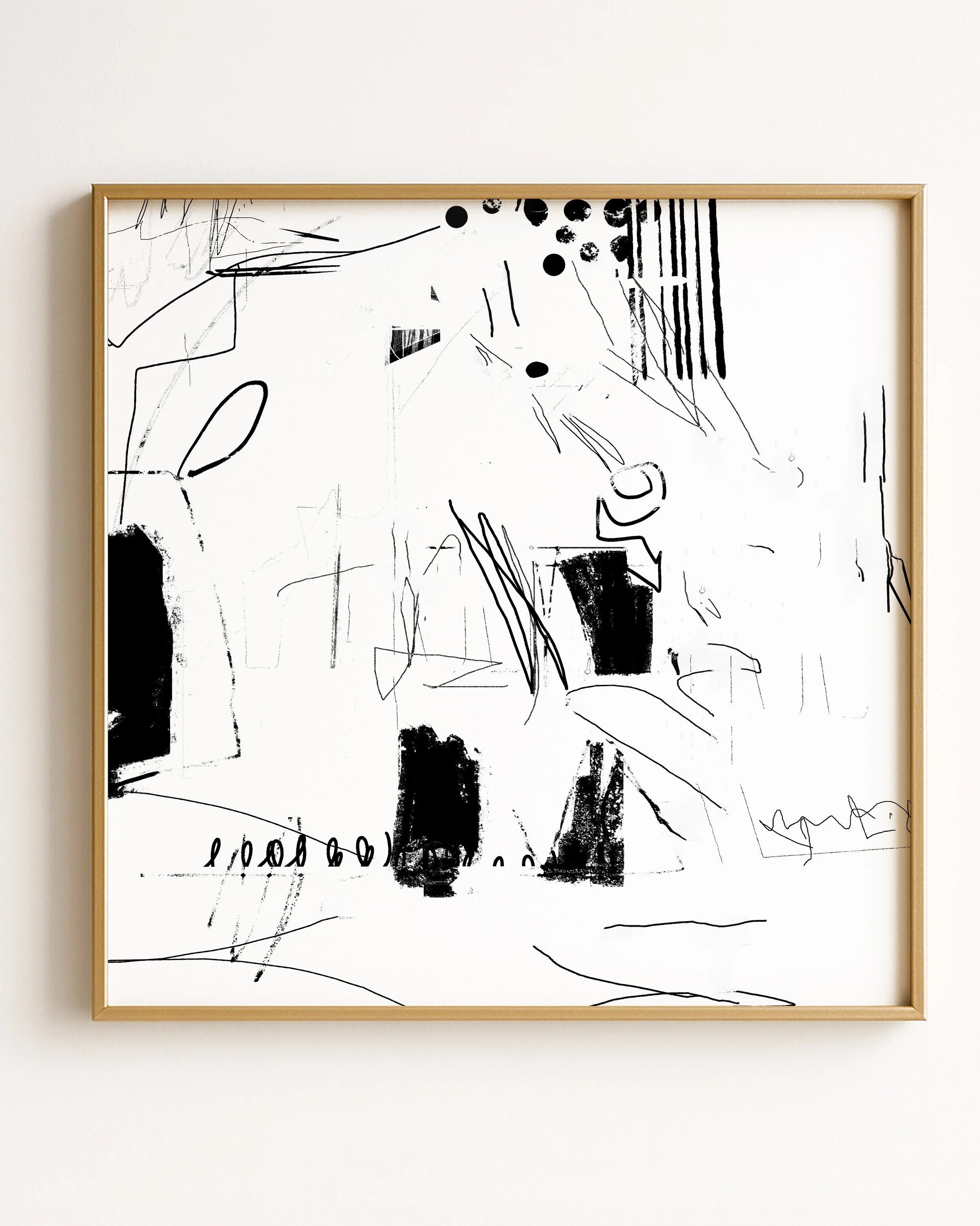 Abstract black and white sketch with random lines, shapes, and scribbles.