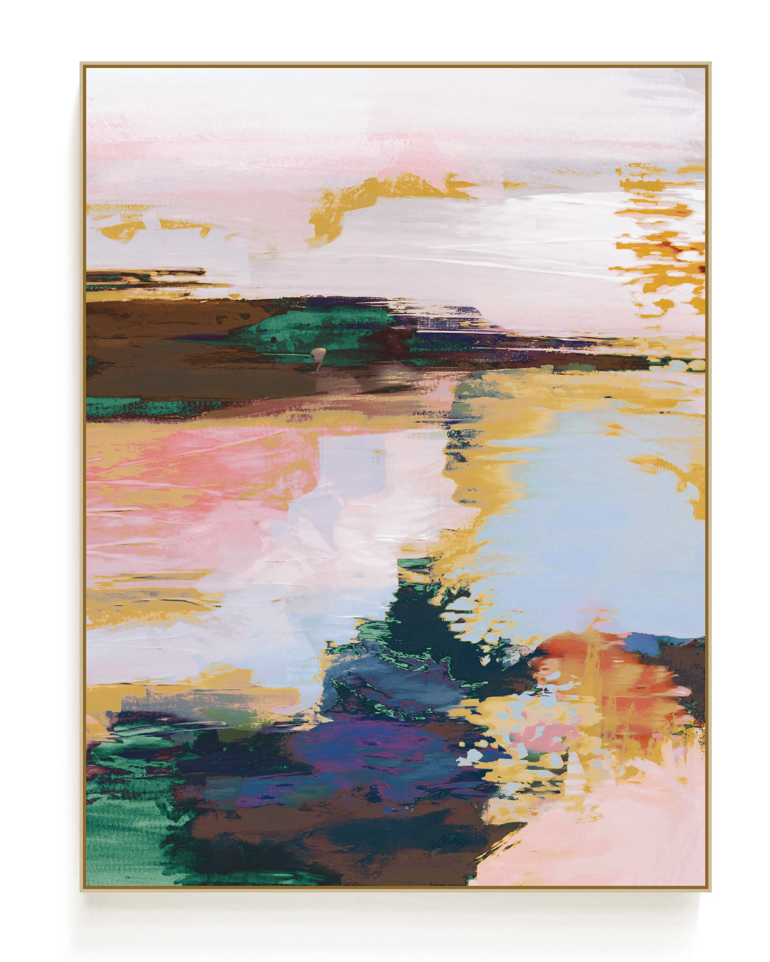 Abstract digital painting with brush strokes in shades of white, pink, brown, dark blue, green, and orange.