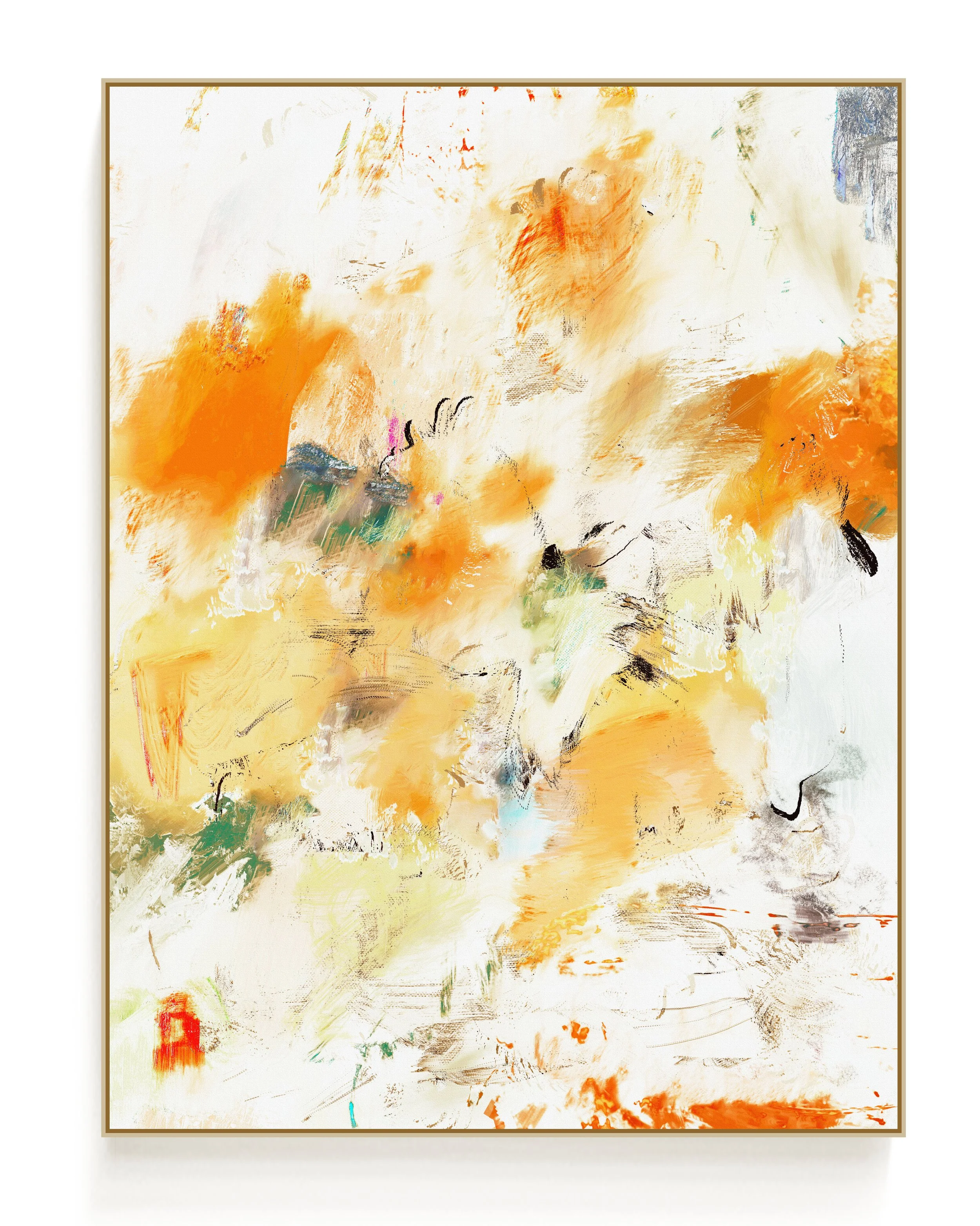 Abstract painting with orange, white, black, and green brushstrokes and textures.