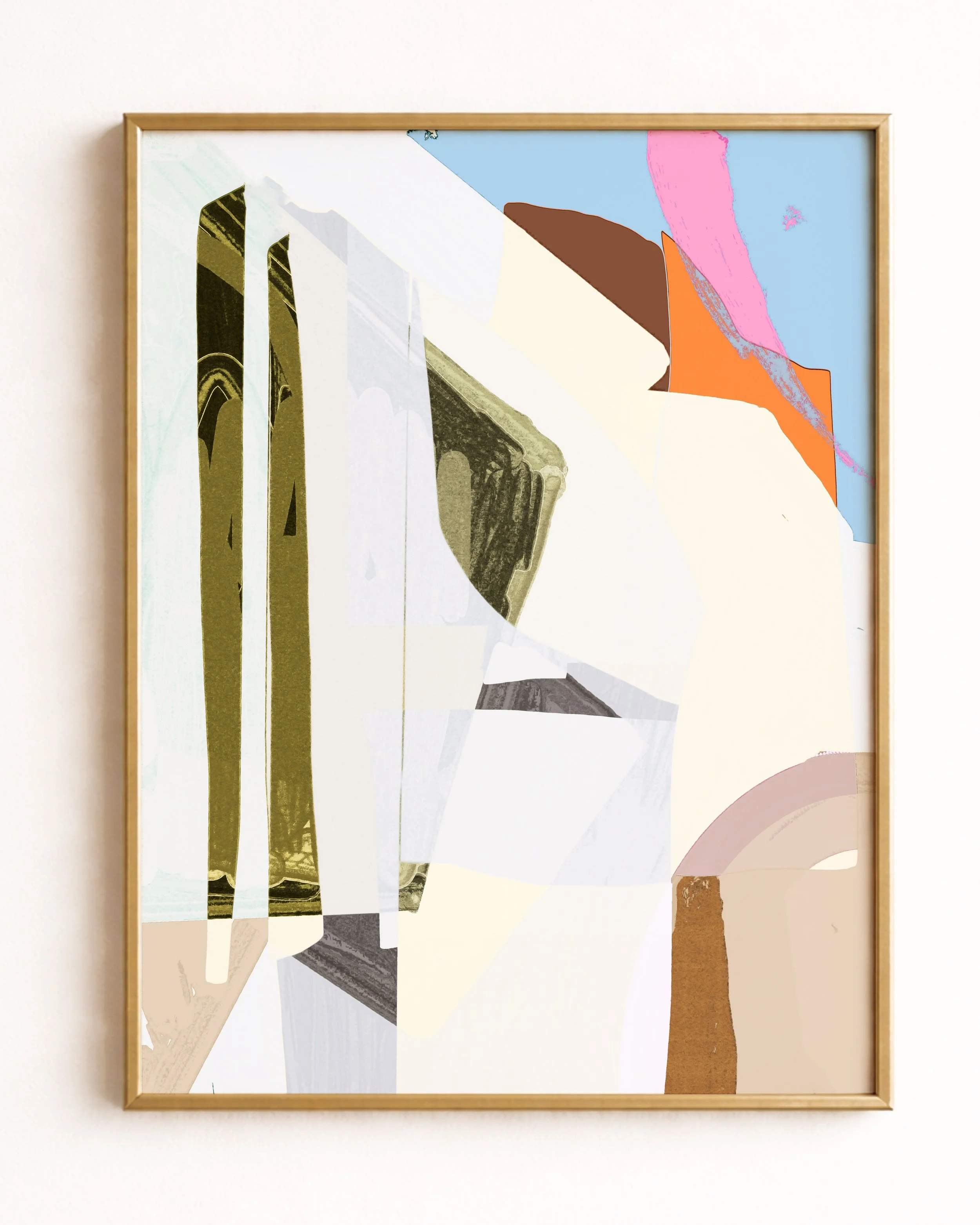 Abstract digital artwork with various geometric shapes and colors, including shades of brown, pink, blue, white, and black.