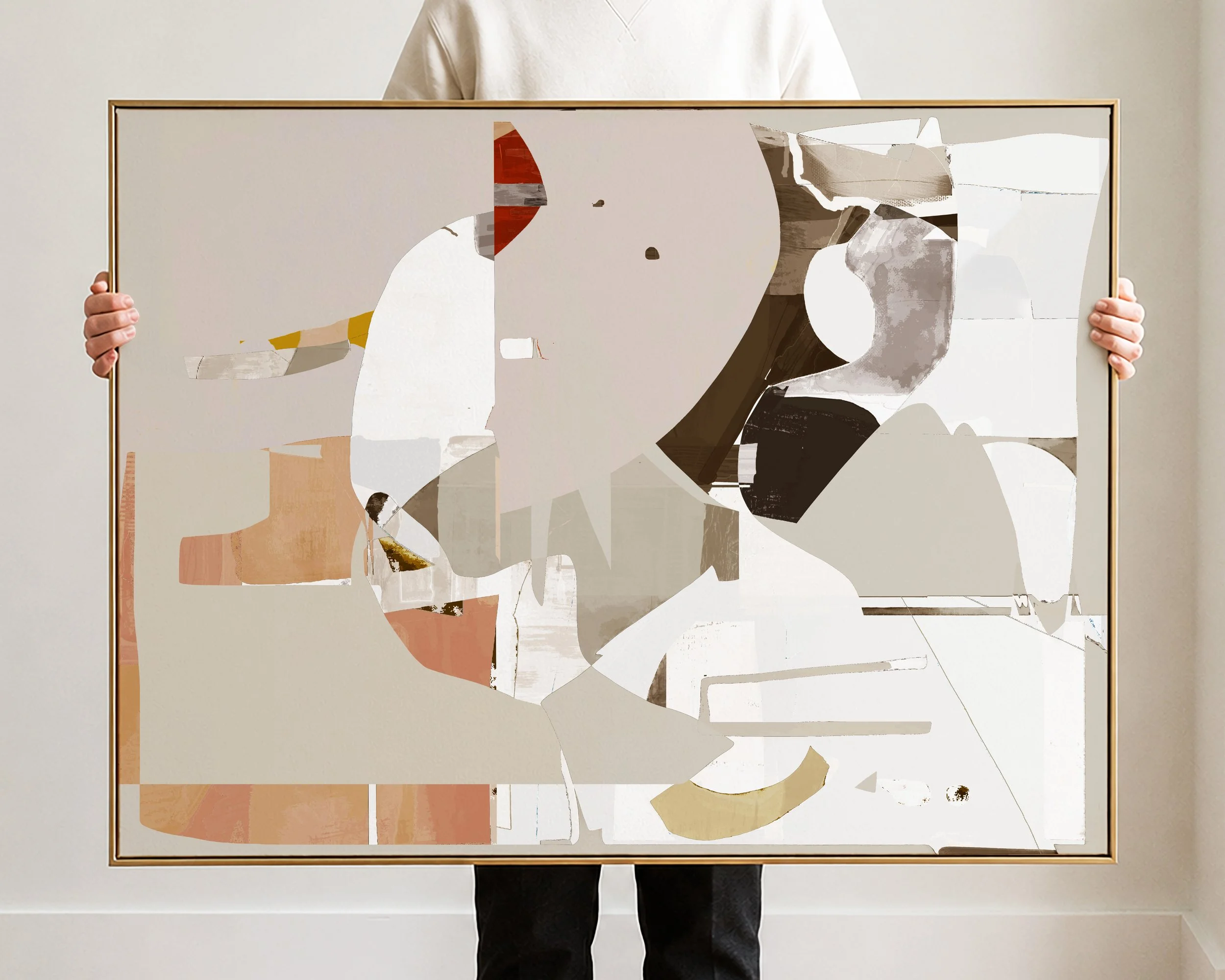 Abstract collage with fragments of images and colors, including beige, brown, black, and hints of white and orange, arranged in a layered, geometric composition.
