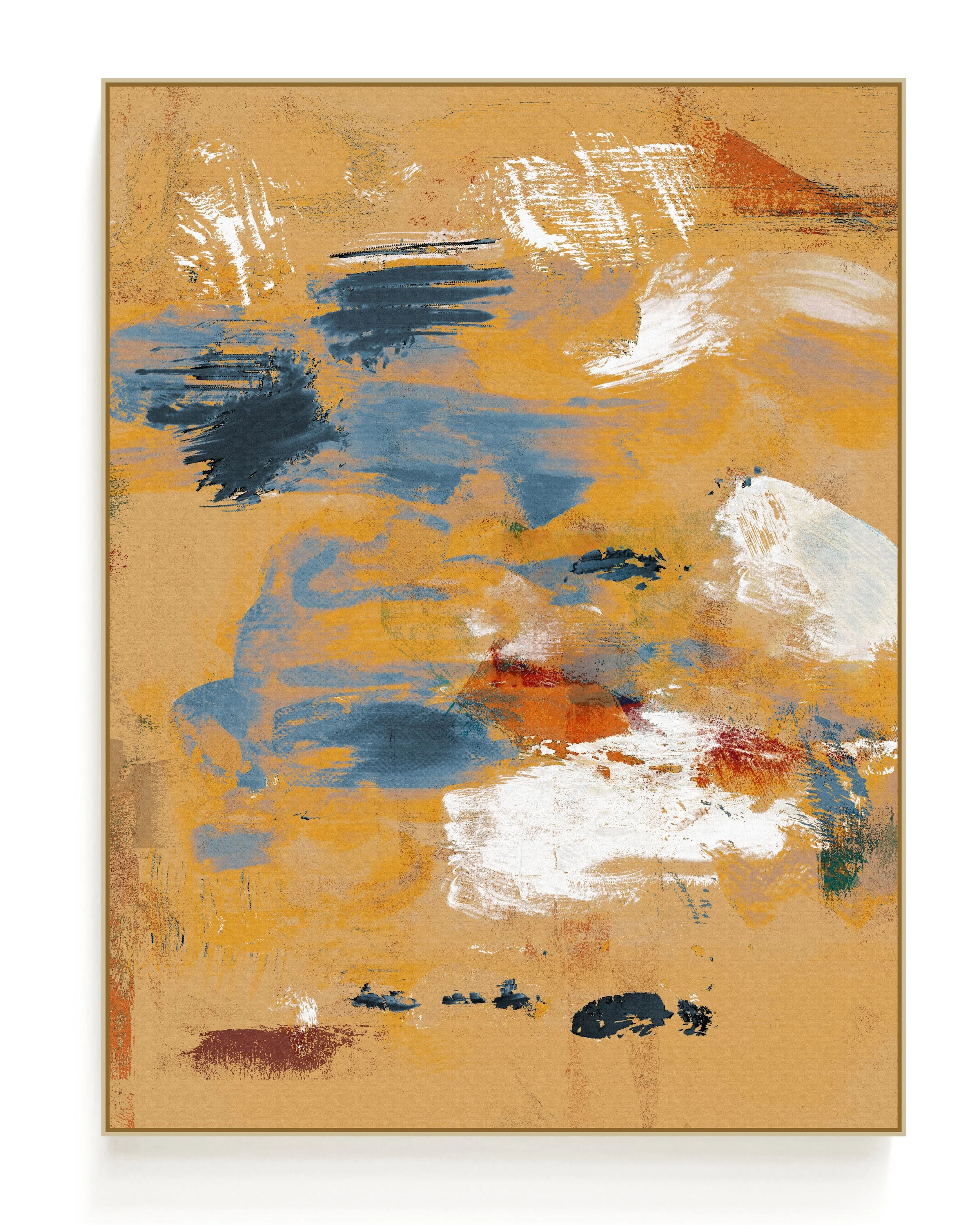 Abstract painting with red, black, white, beige, and blue brushstrokes.