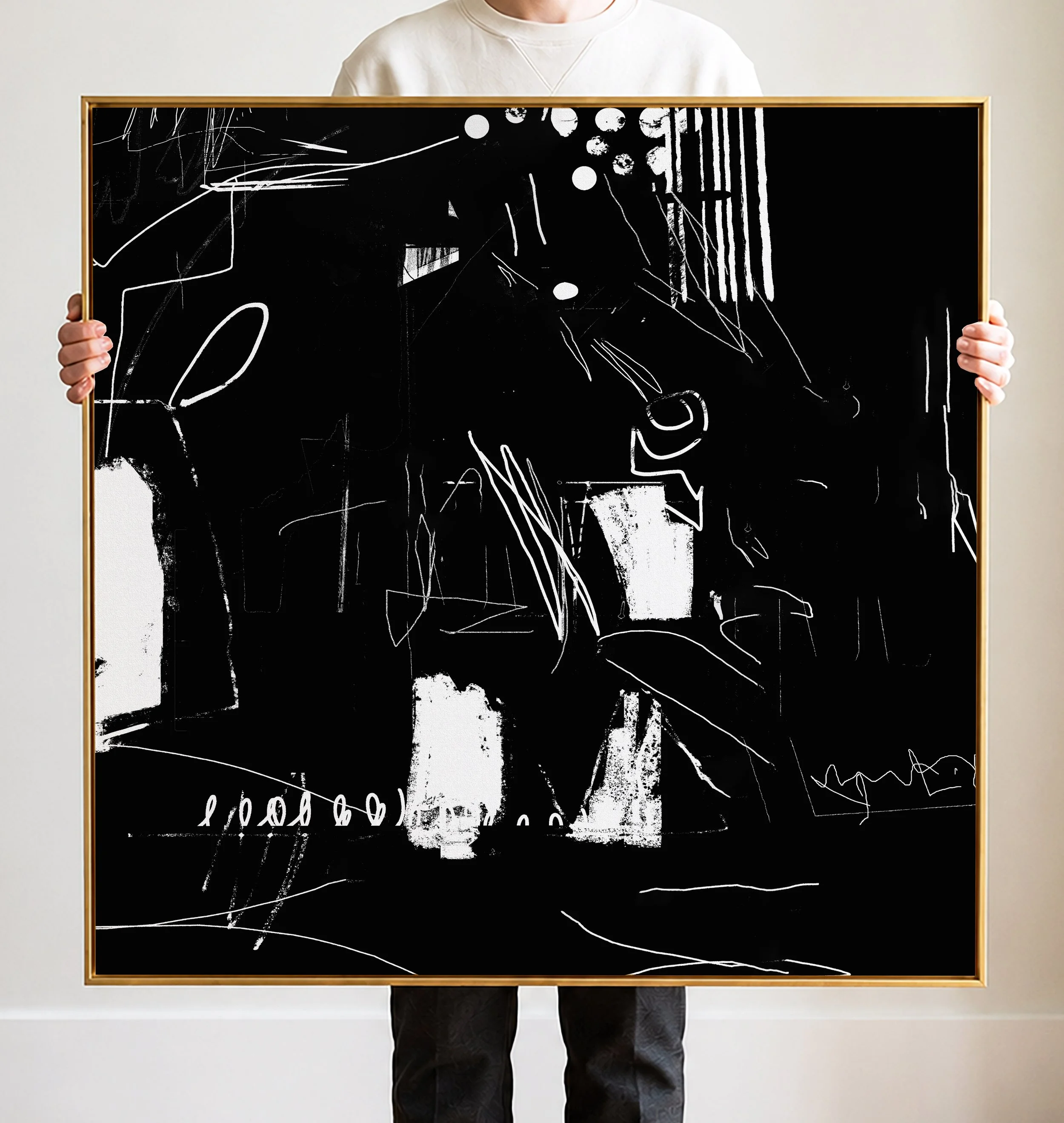 Abstract black and white sketch with random lines, shapes, and scribbles.