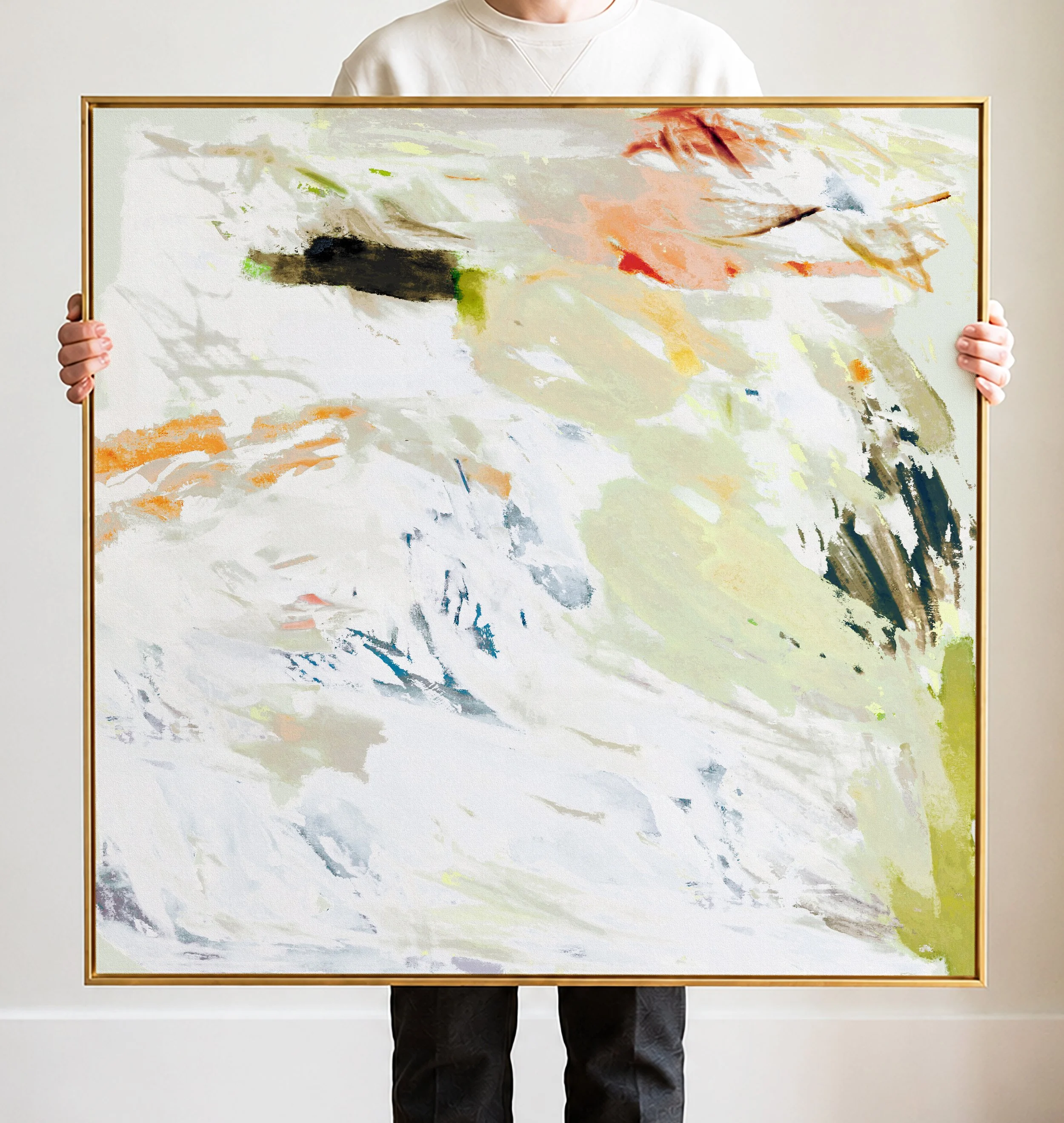 Abstract painting with swirls of white, black, orange, green, and blue colors.