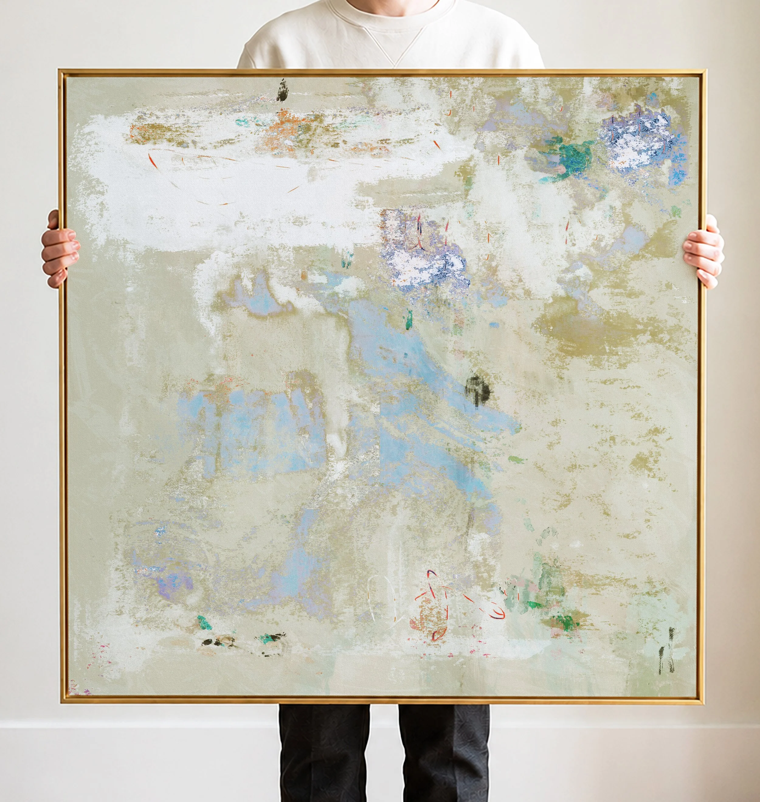 An abstract, highly pixelated and distorted image with beige, white, blue, green, and purple hues, with some faint signs of a scene possibly including water or sky and some indistinct shapes.