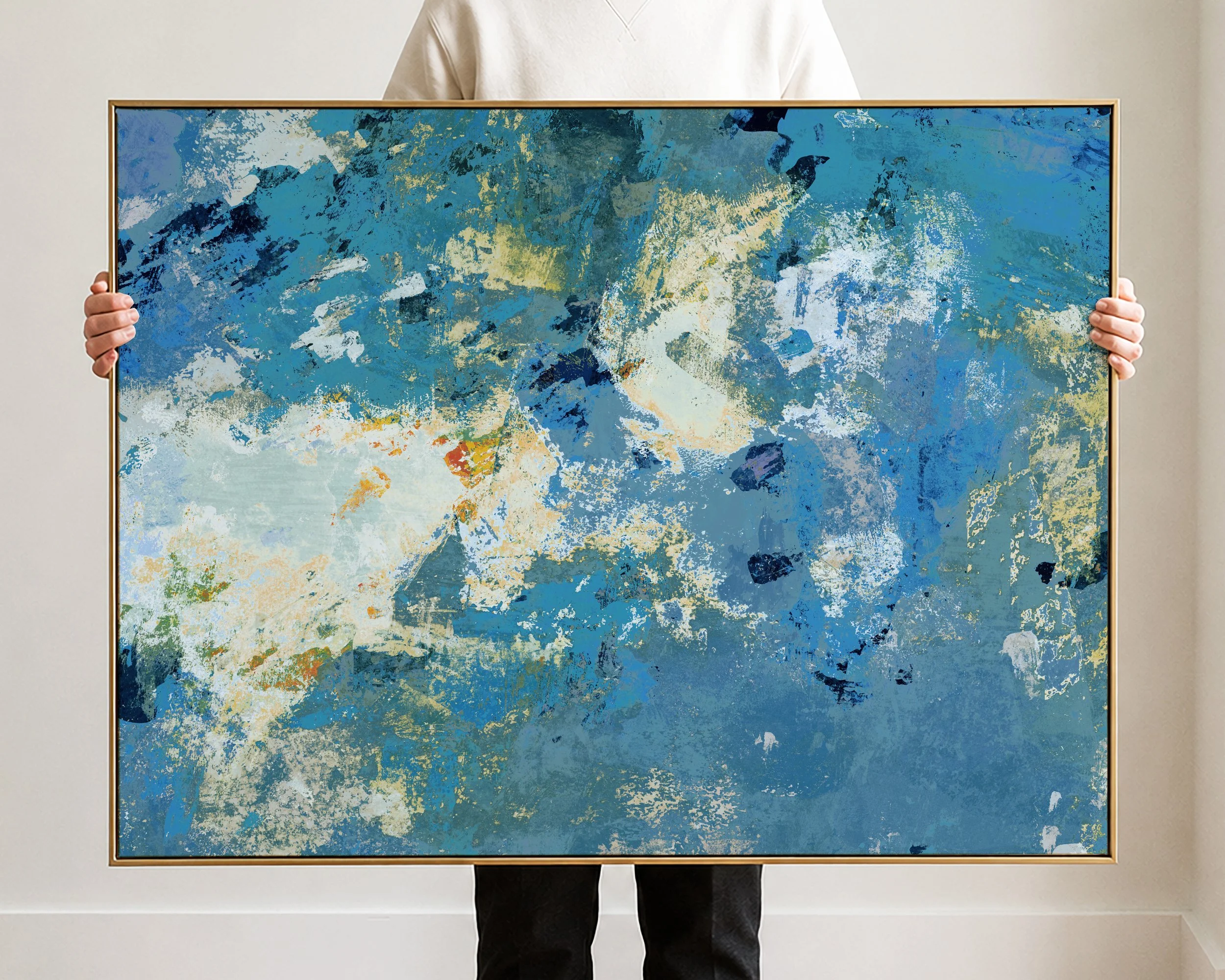 Abstract expressionist painting with various shades of blue, white, and hints of beige and green.