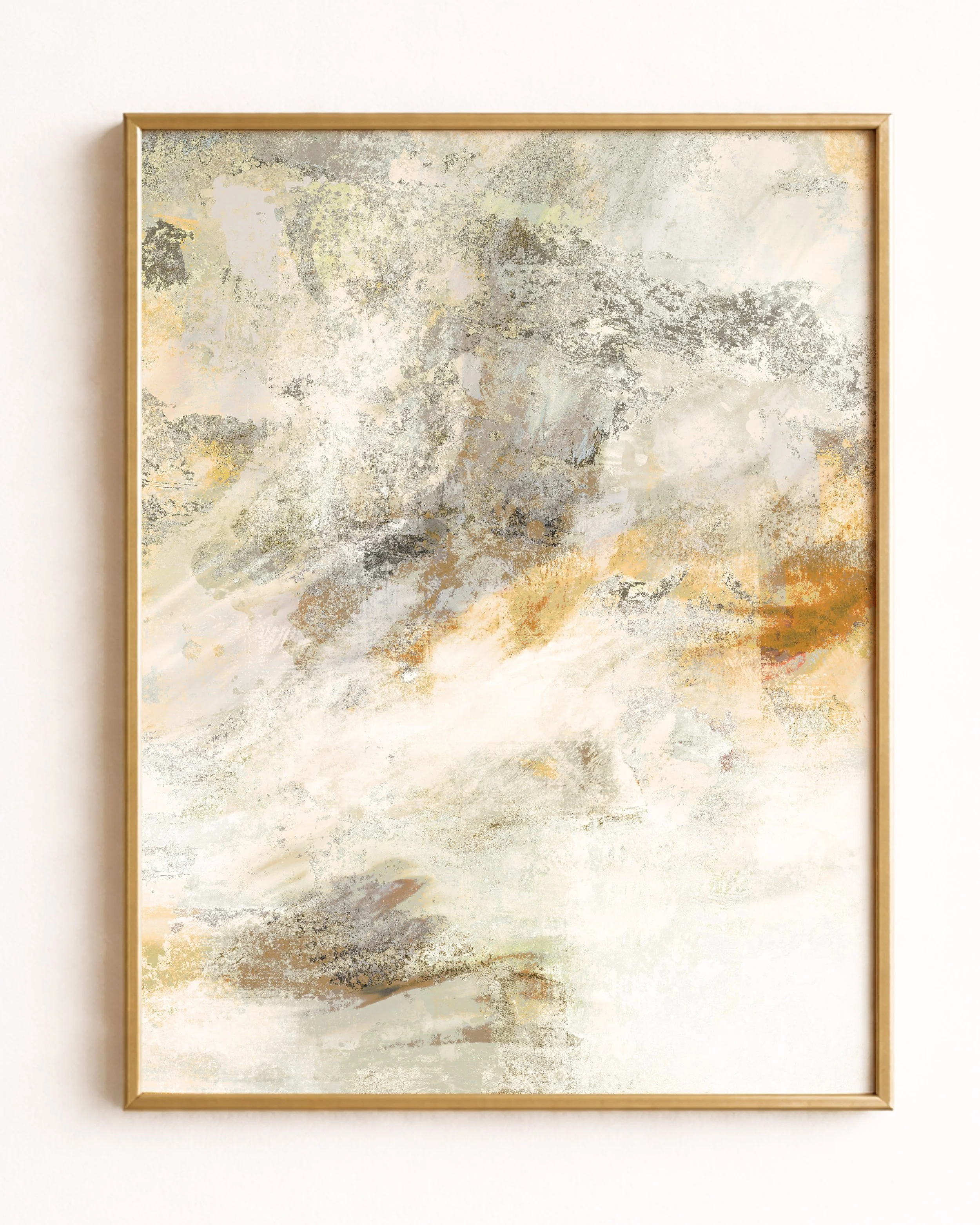 Abstract painting with soft, muted colors including beige, gray, light blue, and hints of orange and yellow, resembling a landscape with cloudy skies and a distant horizon.