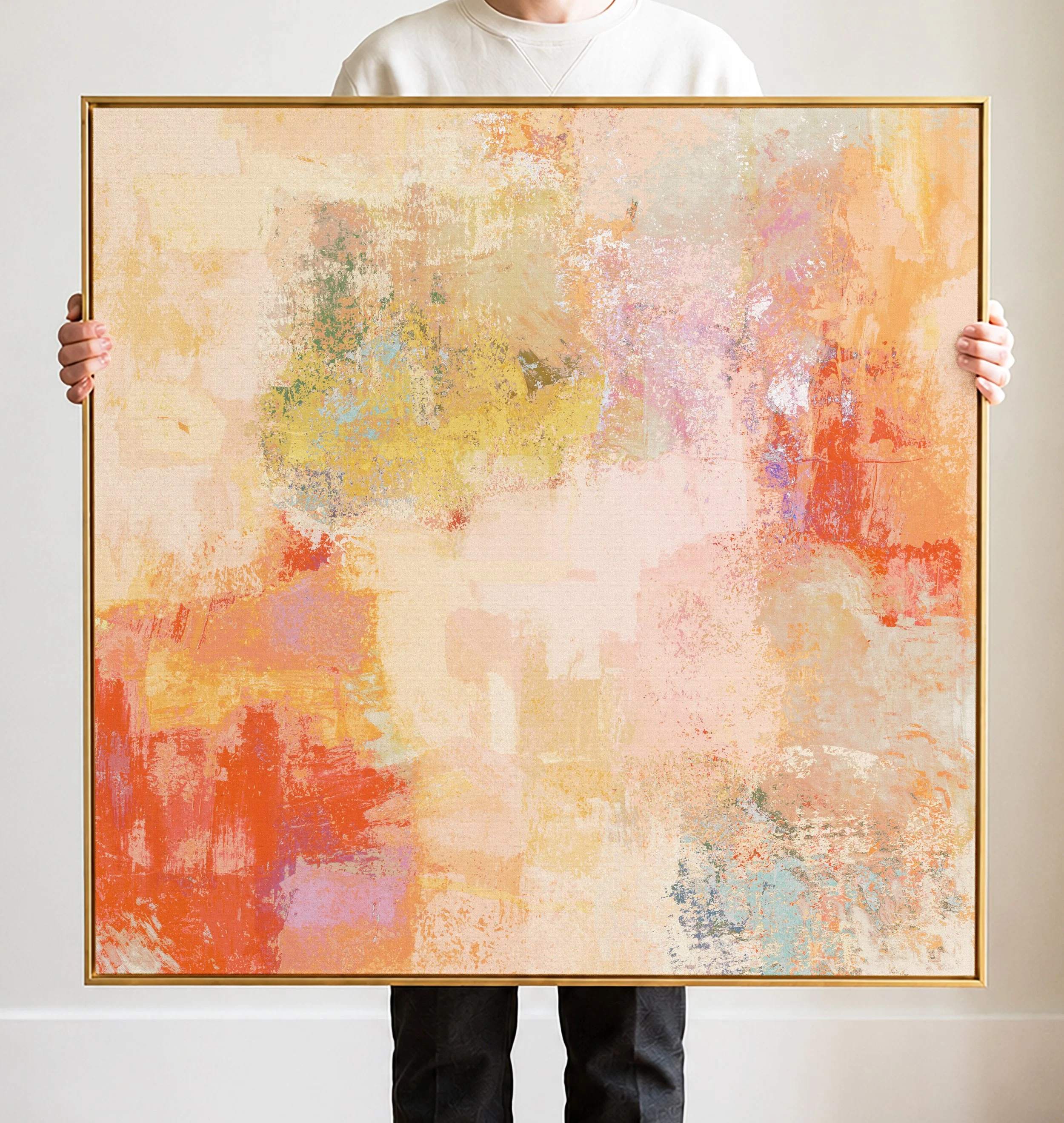 Abstract pastel-colored painting with shades of yellow, orange, pink, and green, featuring textured and blended brushstrokes.