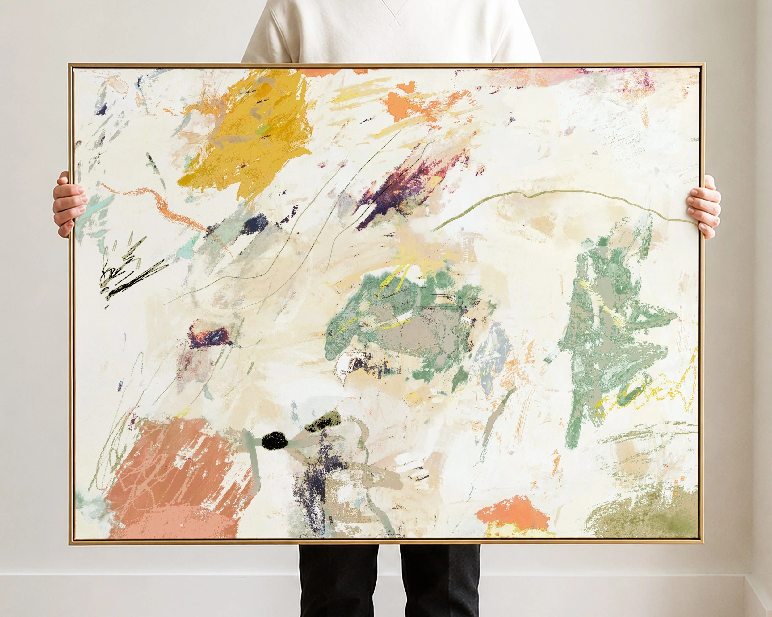 Abstract watercolor artwork featuring splashes of color including orange, blue, red, black, yellow, and green, with various brushstrokes and lines.