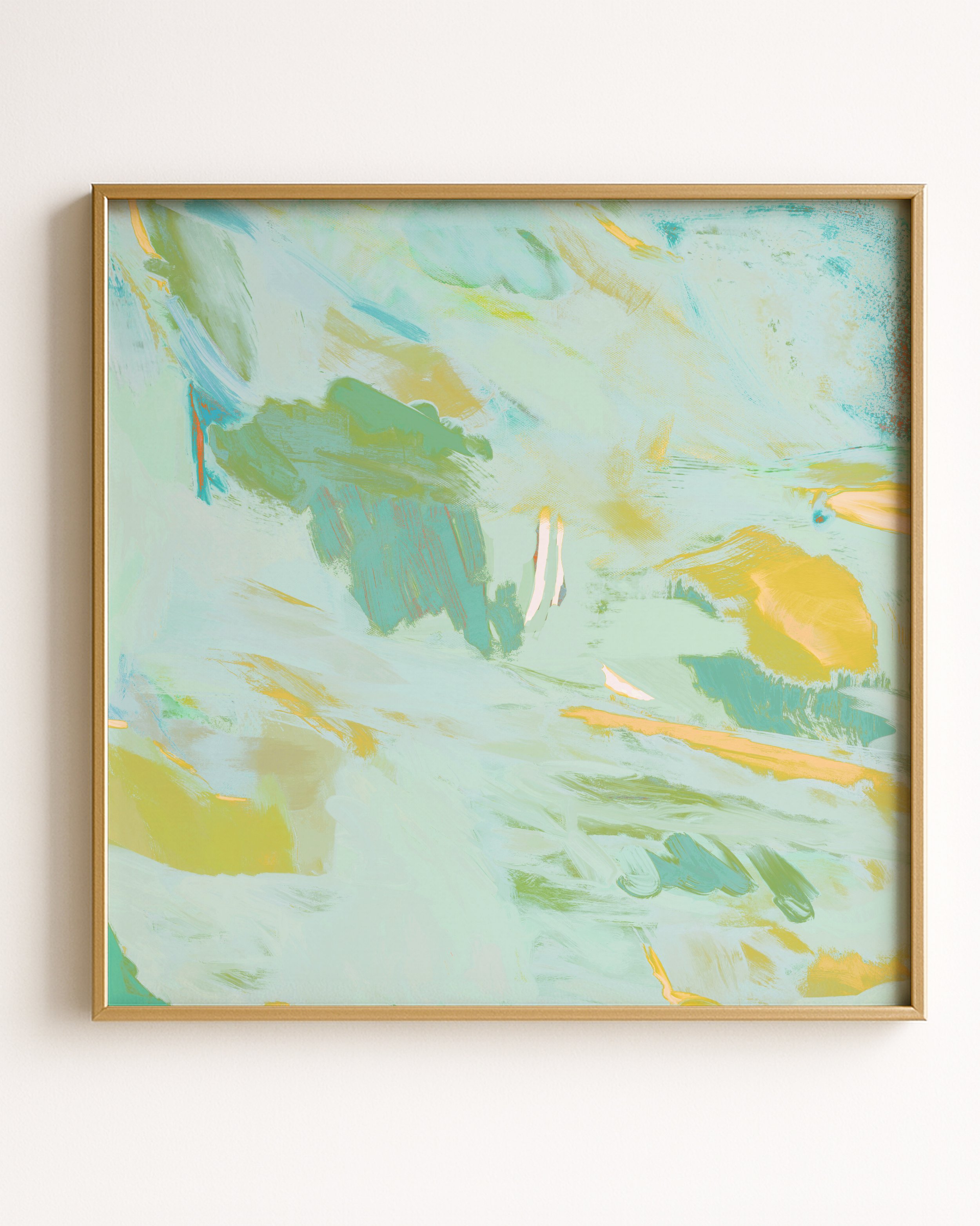 Abstract painting with pastel shades of blue, green, yellow, and orange, featuring broad brushstrokes and textured strokes.