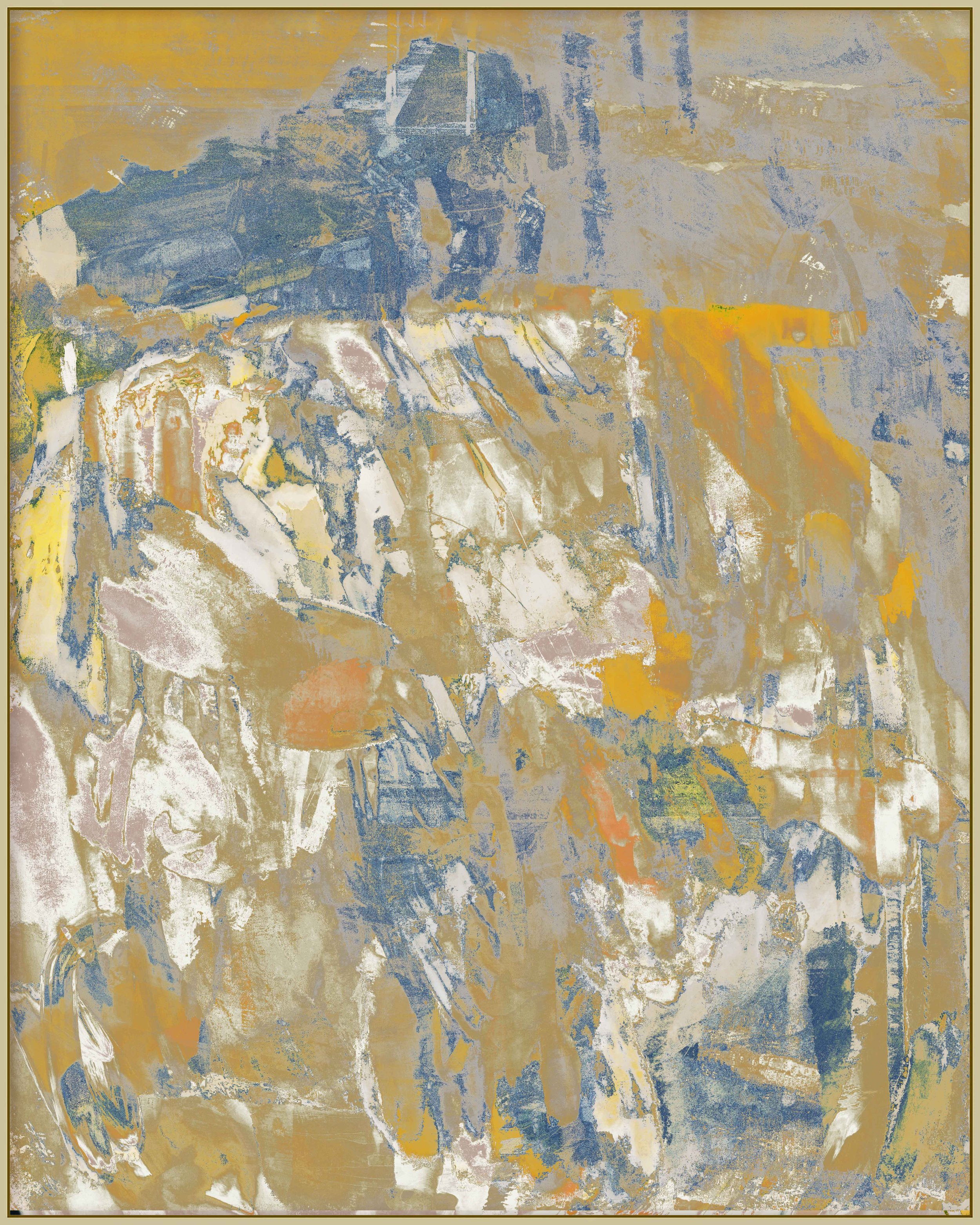 Abstract painting with shades of blue, yellow, beige, and hints of white.