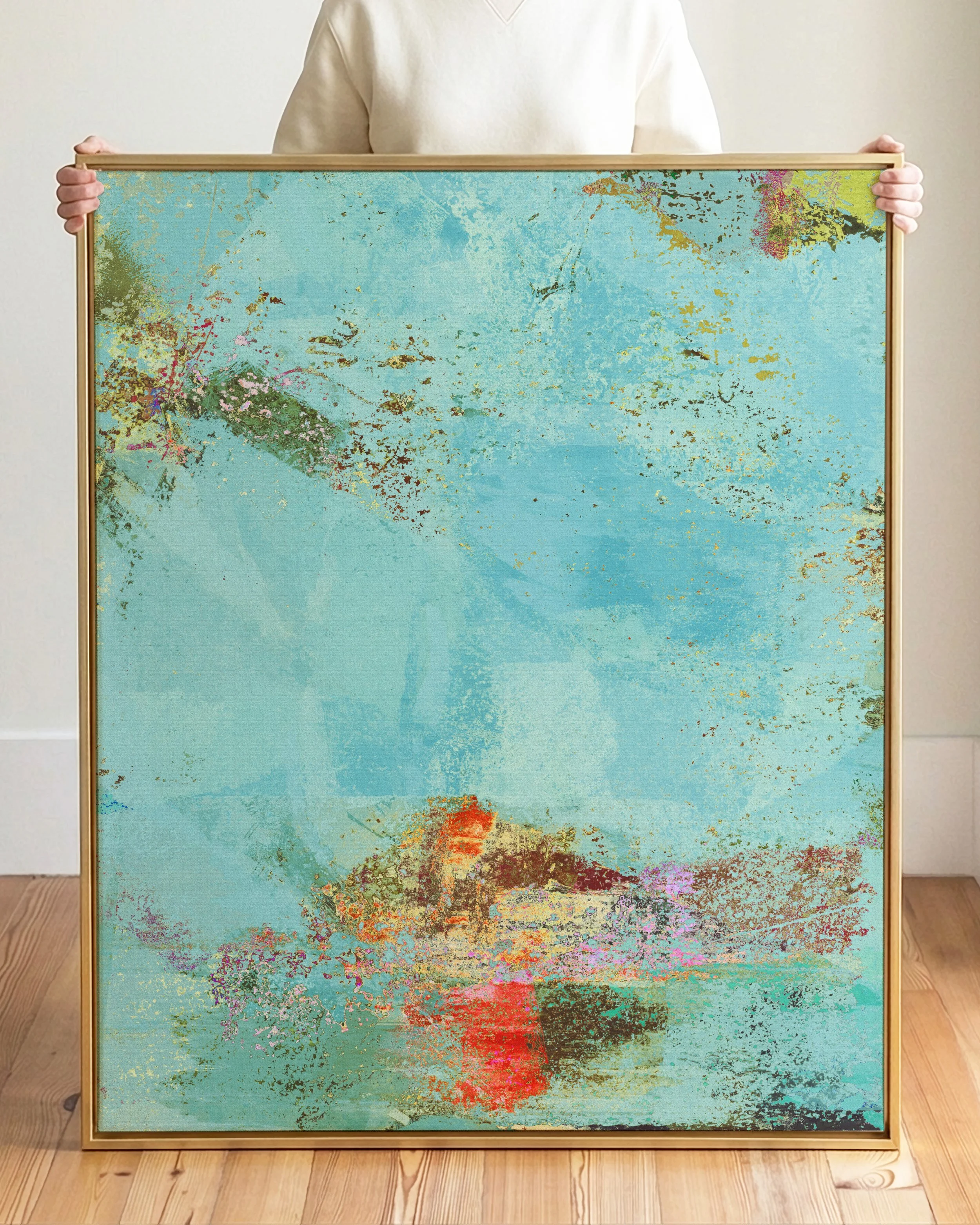 Abstract watercolor painting with blue, orange, yellow, green, and brown splashes and streaks.