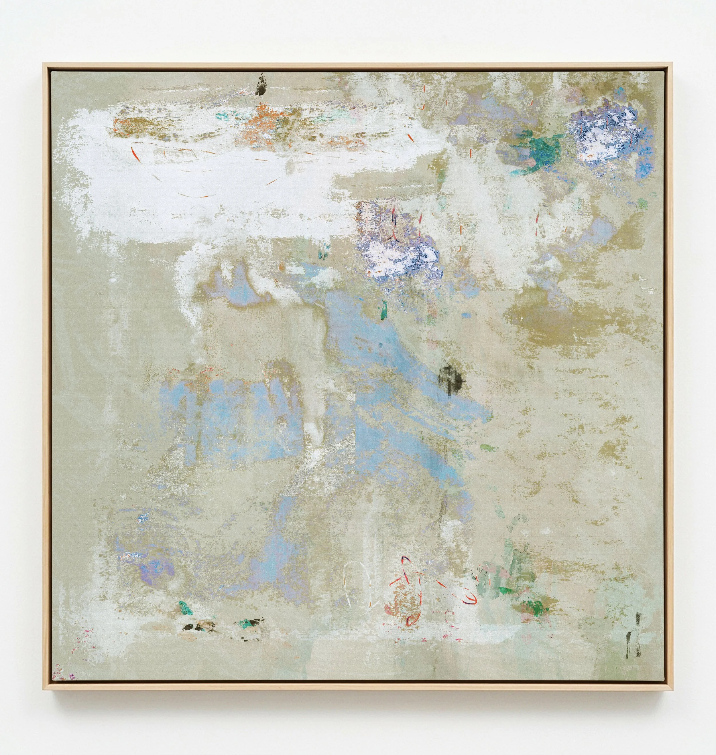 An abstract, highly pixelated and distorted image with beige, white, blue, green, and purple hues, with some faint signs of a scene possibly including water or sky and some indistinct shapes.