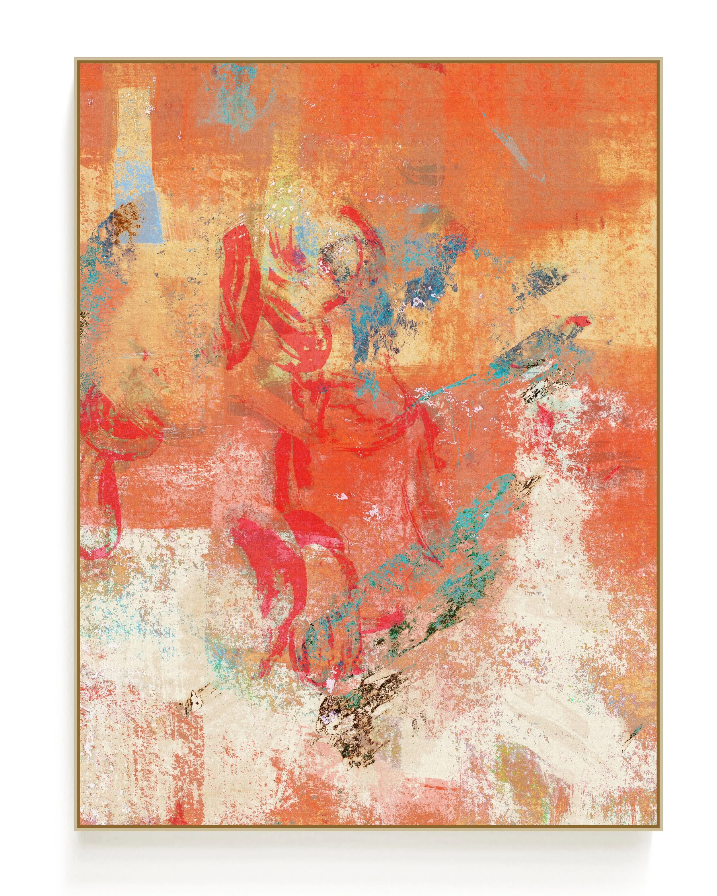 Abstract artwork featuring orange, teal, and white tones.
