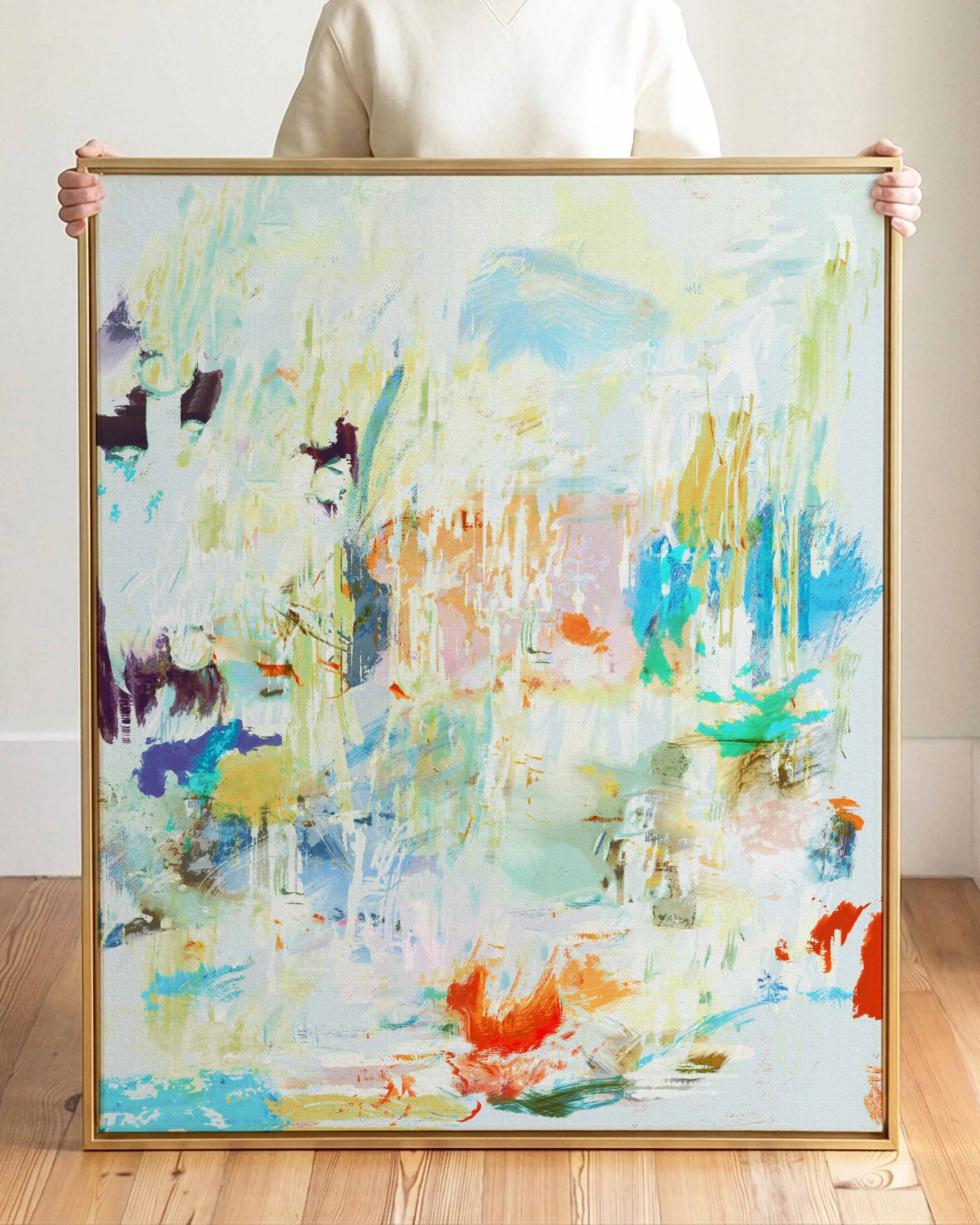 An abstract paintings with a mix of pastel and bright colors, including blues, oranges, greens, and whites, created with brushstrokes and smudges.