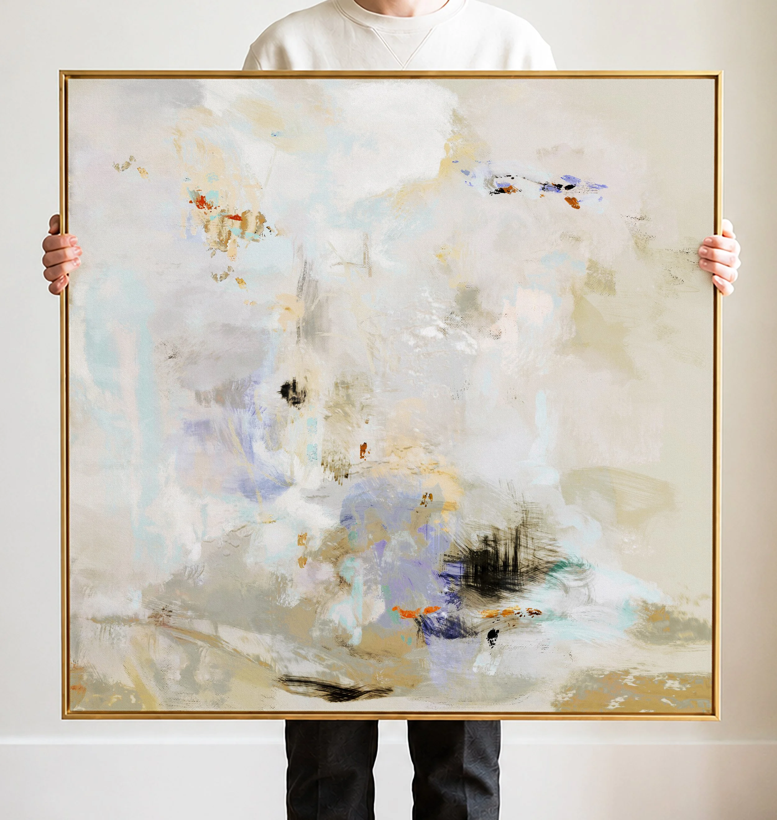 Abstract watercolor painting with light pastel colors and some darker accents.