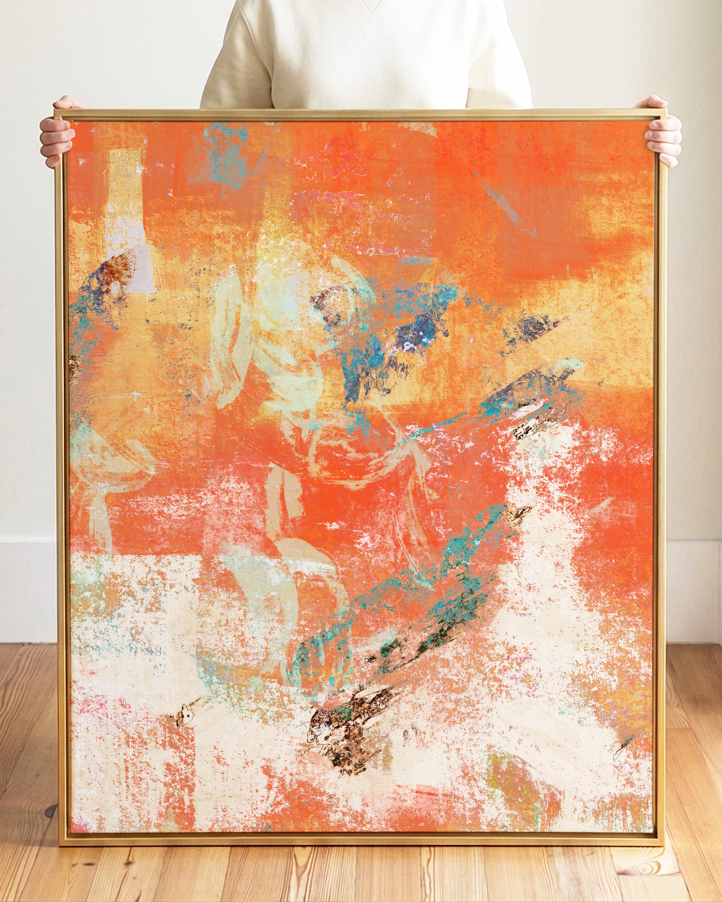 Abstract artwork featuring a hoodie, sunglasses, and a smartphone in orange, teal, and white tones.