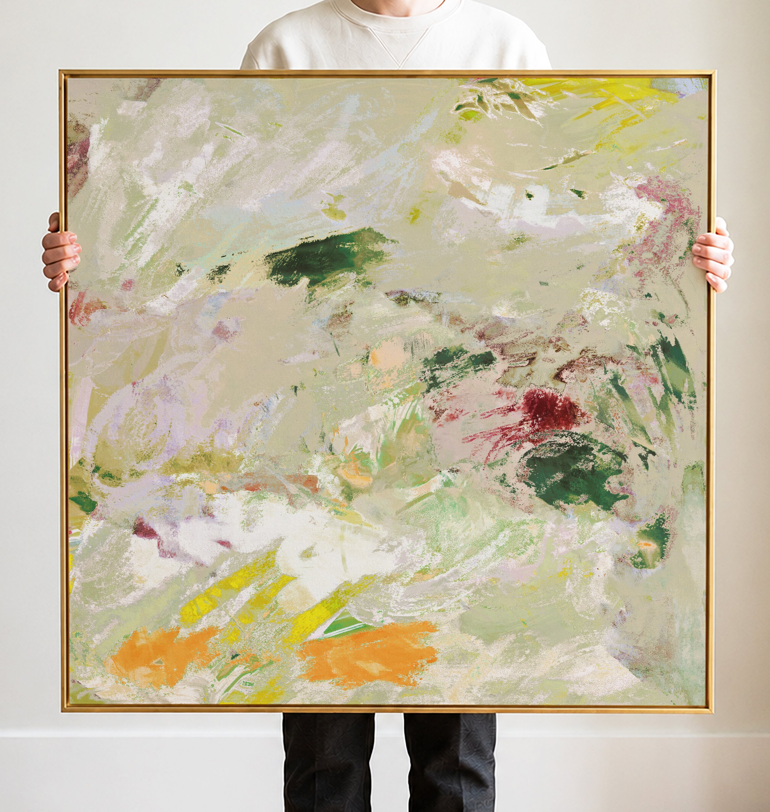 Abstract impressionist painting with broad brushstrokes in various pastel shades, including green, orange, white, and purple, creating a textured and colorful composition.