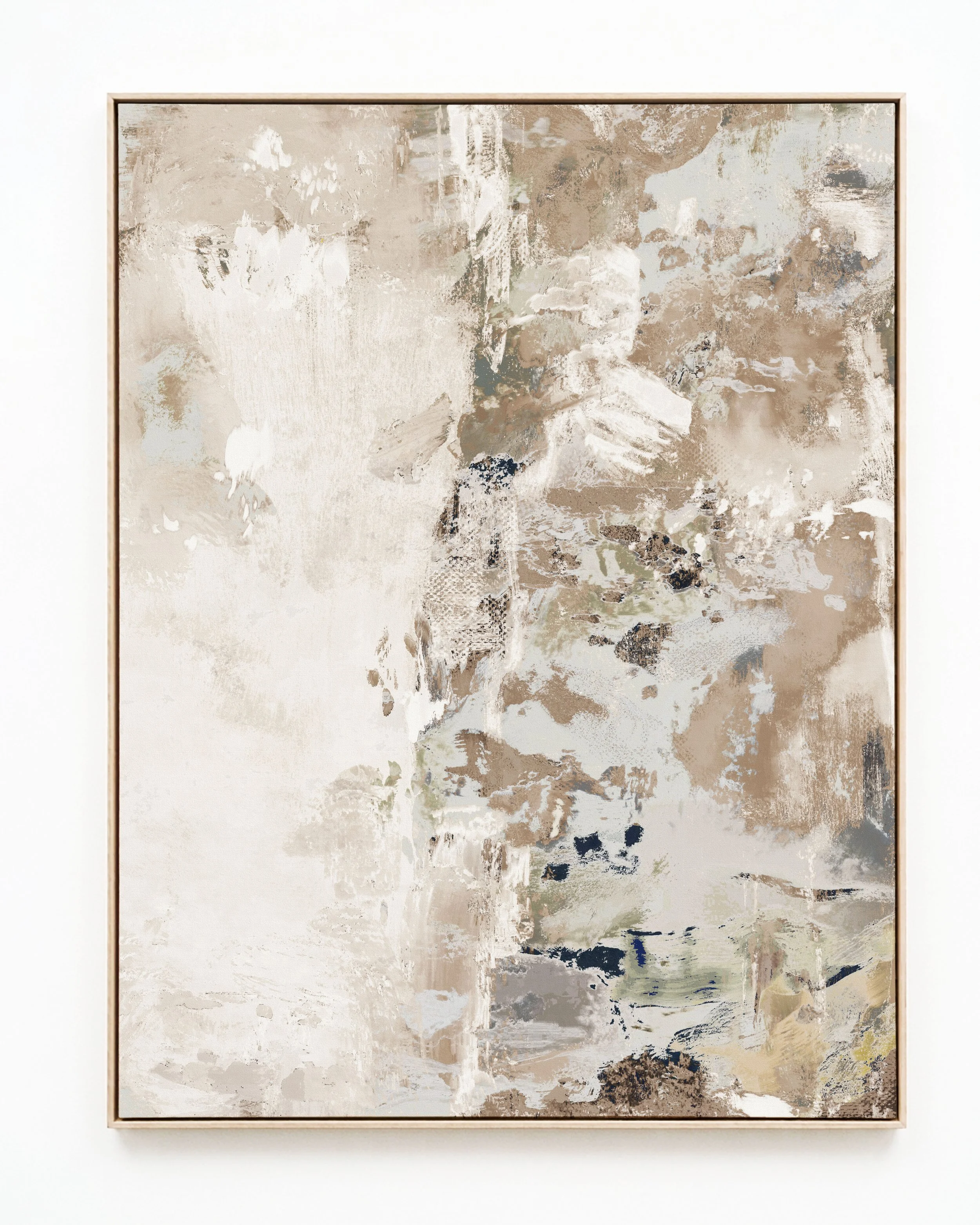Abstract painting with neutral tones of beige, white, and light gray, with textured brushstrokes and layered paint.