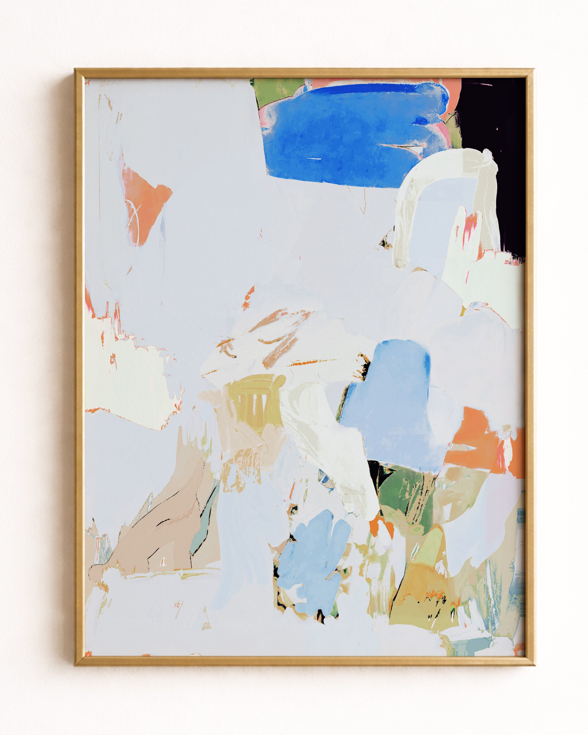 Abstract painting with bold strokes of blue, yellow, green, peach, and black on a largely white background.