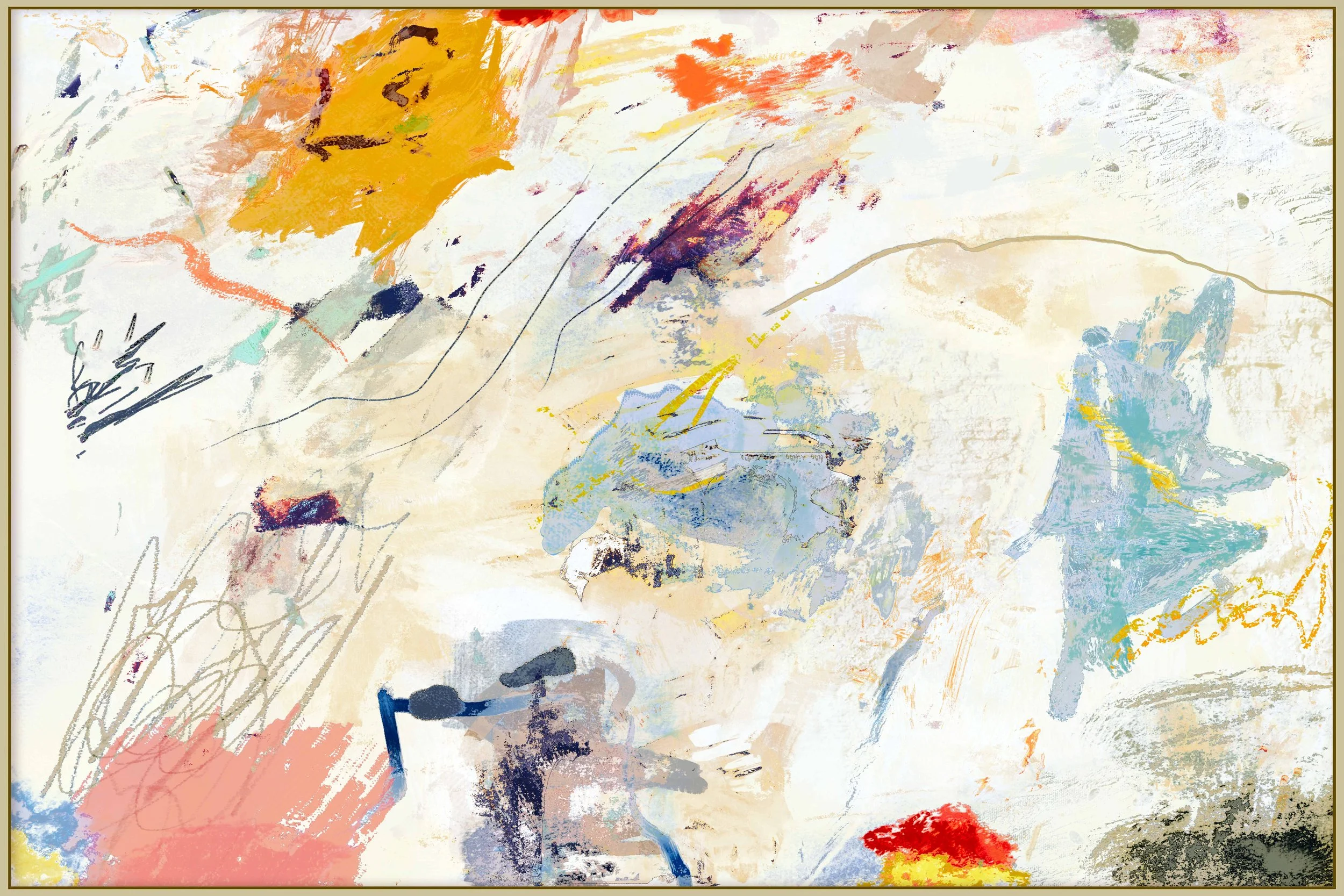 Abstract watercolor artwork featuring splashes of color including orange, blue, red, black, yellow, and green, with various brushstrokes and lines.