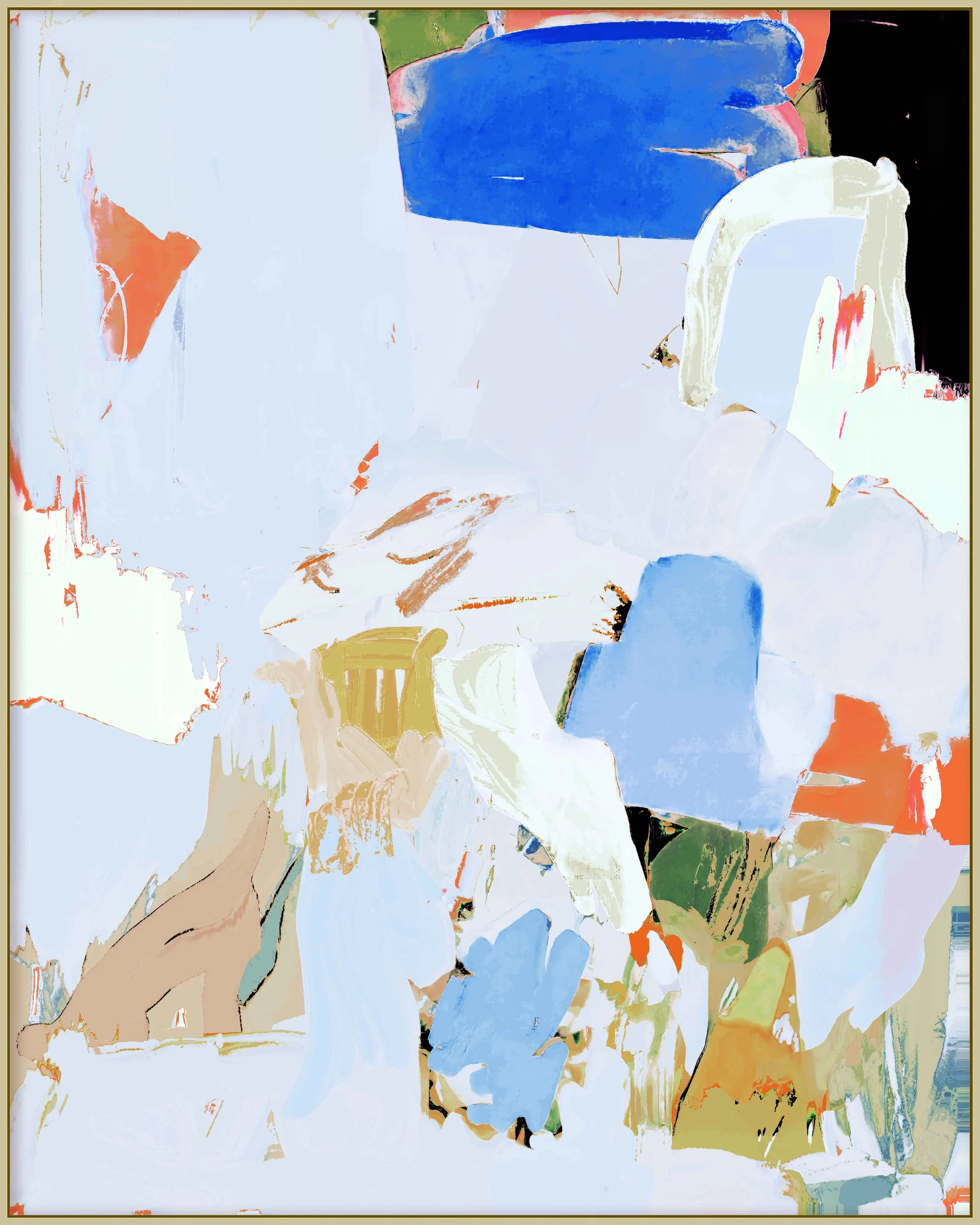 Abstract painting with bold strokes of blue, yellow, green, peach, and black on a largely white background.