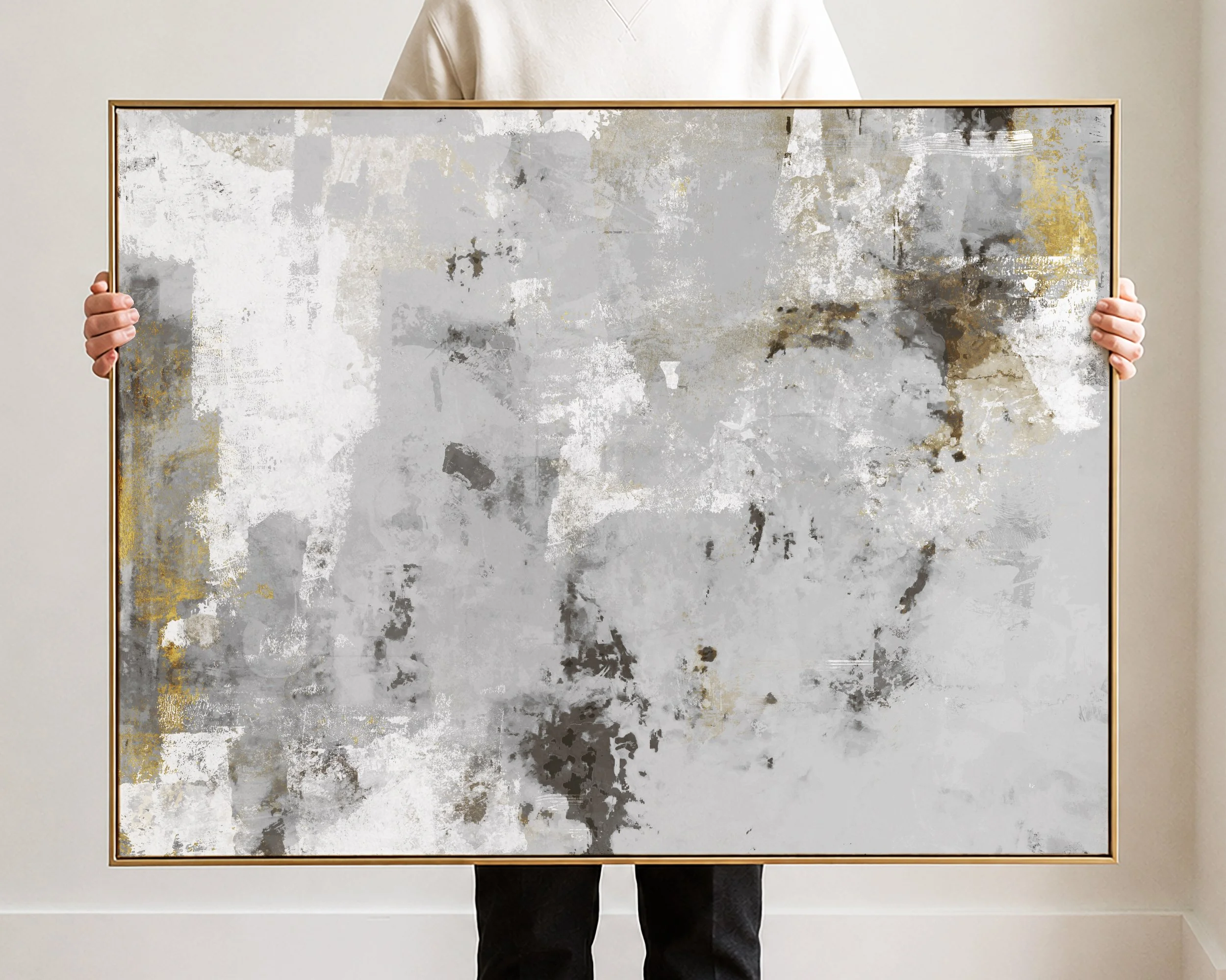 Abstract textured background with shades of white, gray, gold, and black, resembling a distressed or weathered surface.