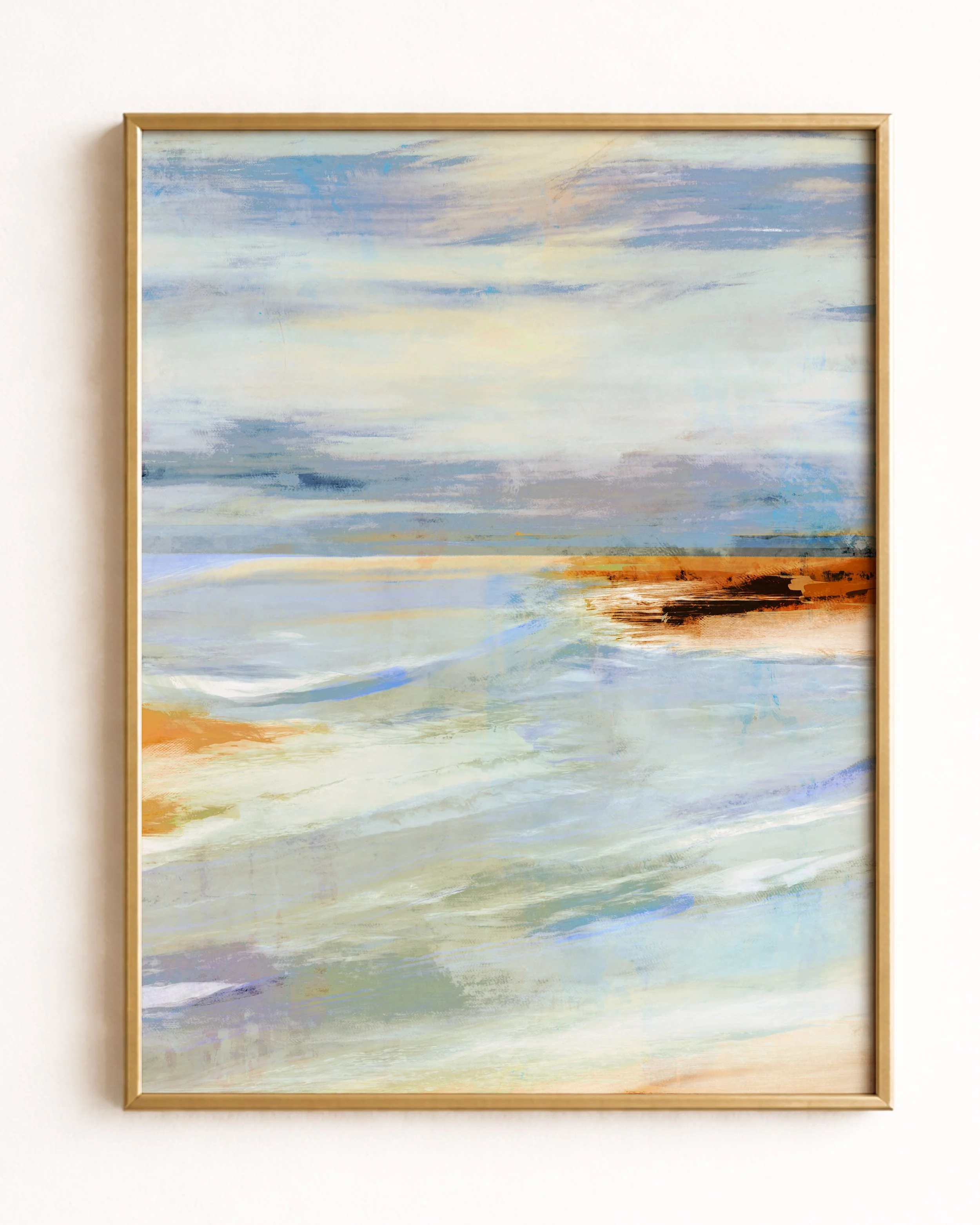 Abstract landscape painting with soft pastel colors, depicting a sky and water scene with hints of blue, white, orange, and brown.