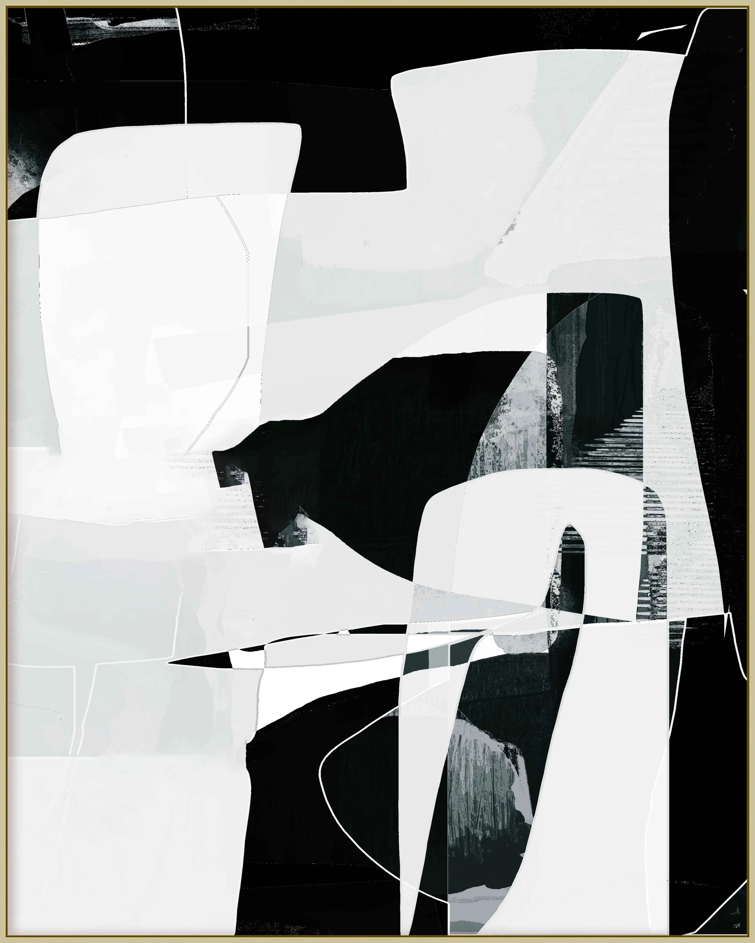 Abstract black and white geometric artwork with various shapes and lines.