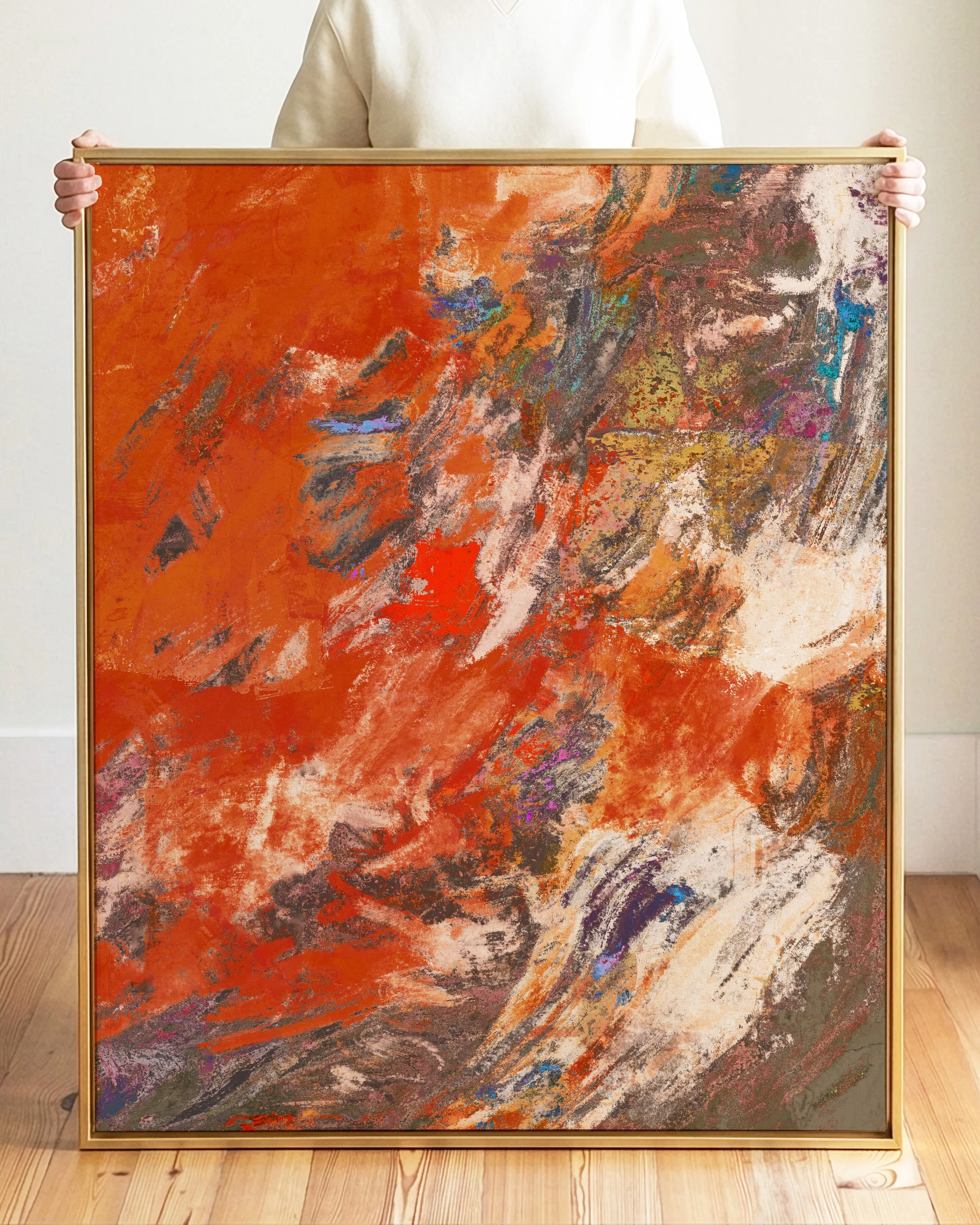Abstract painting with orange, red, black, purple, and white brushstrokes and textures.