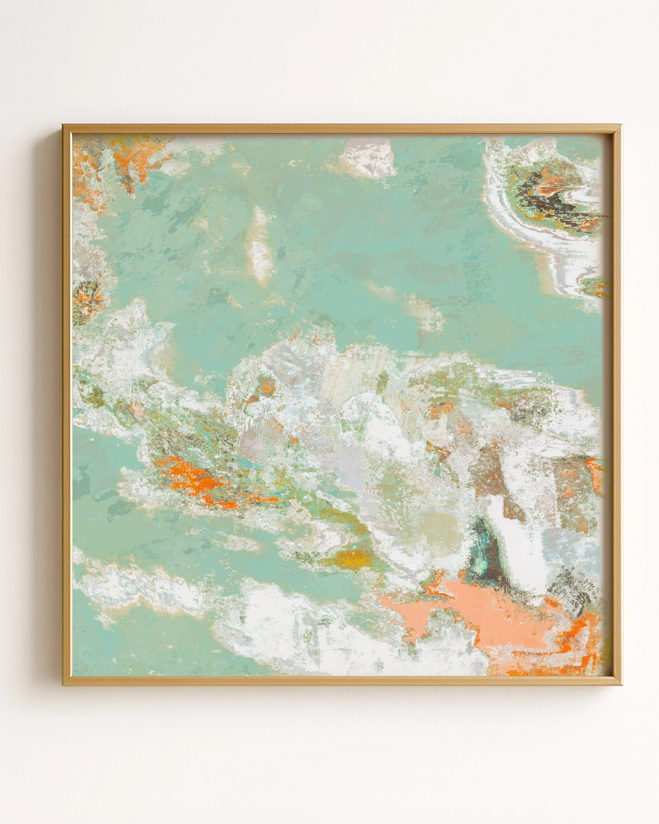 Abstract artwork with pastel colors including light green, white, orange, and hints of dark shades, with swirling and textured patterns.