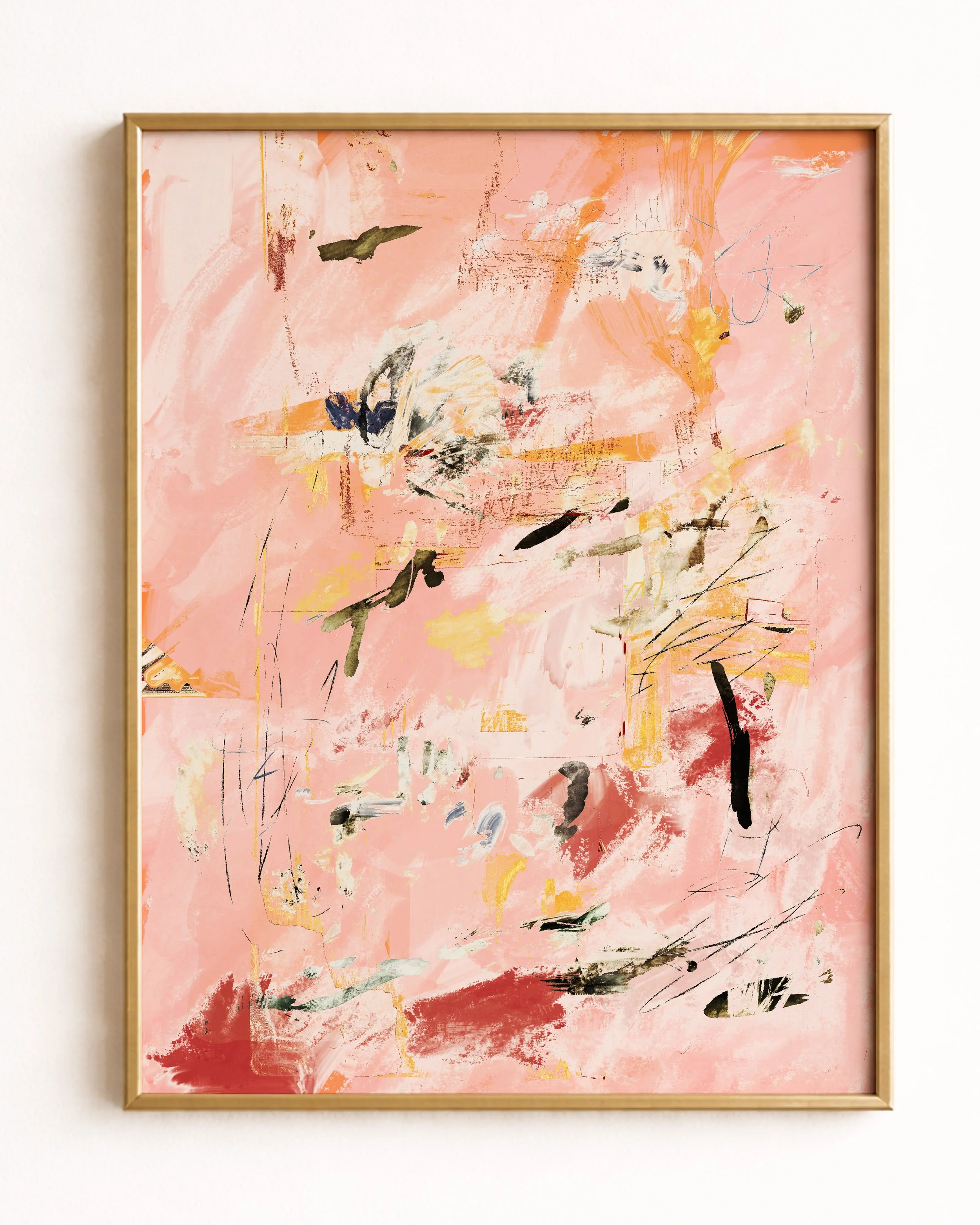 Abstract digital artwork with pink, blue, green, and black brushstrokes and scribbles.