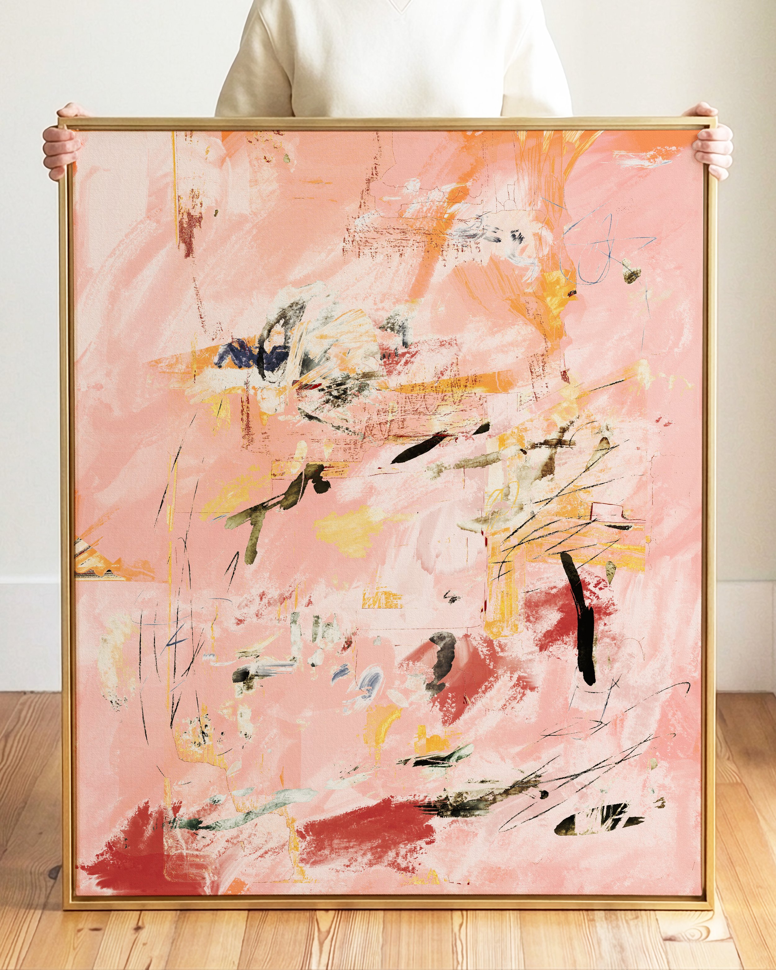 Abstract digital artwork with pink, blue, green, and black brushstrokes and scribbles.
