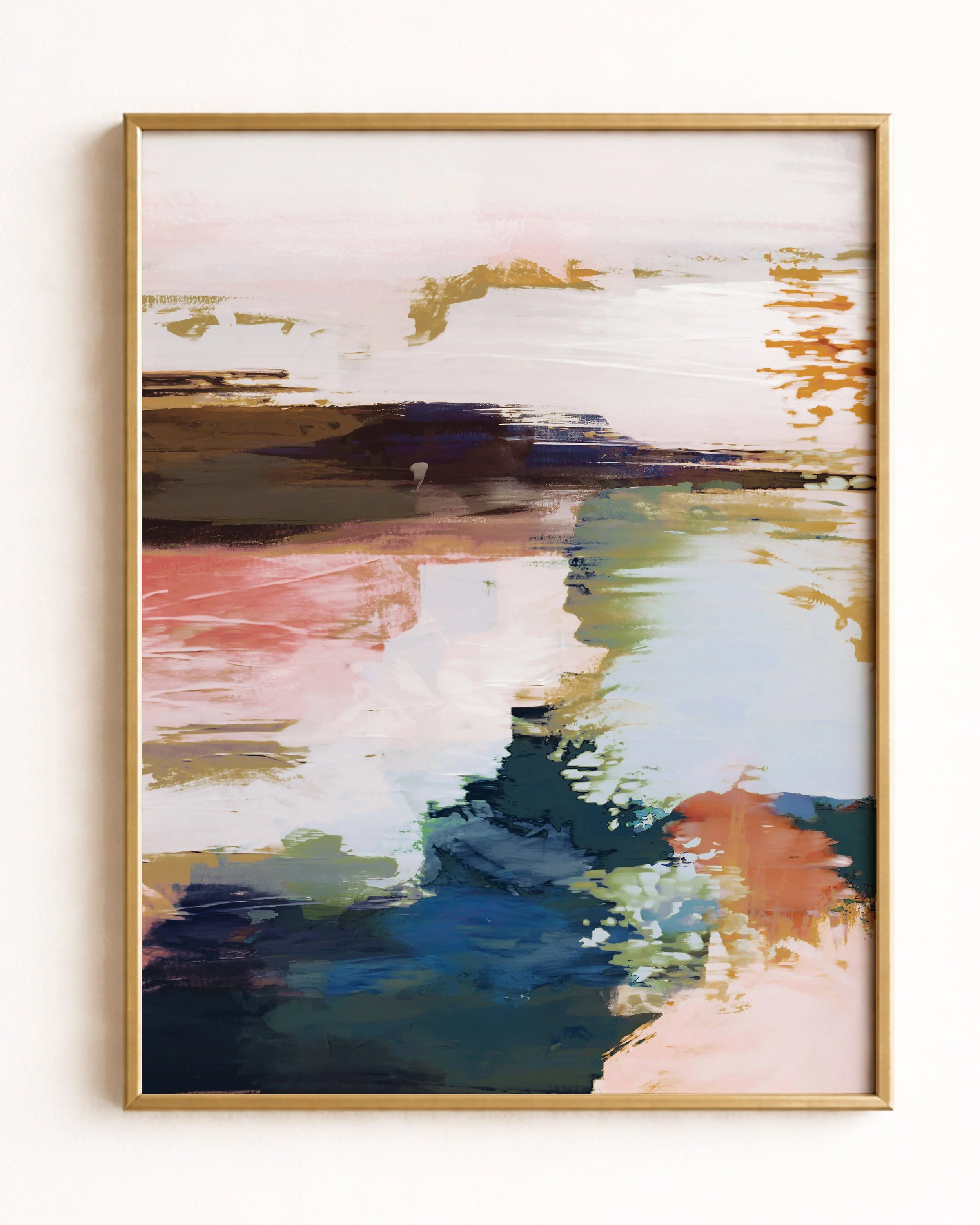 Abstract digital painting with brush strokes in shades of white, pink, brown, dark blue, green, and orange.