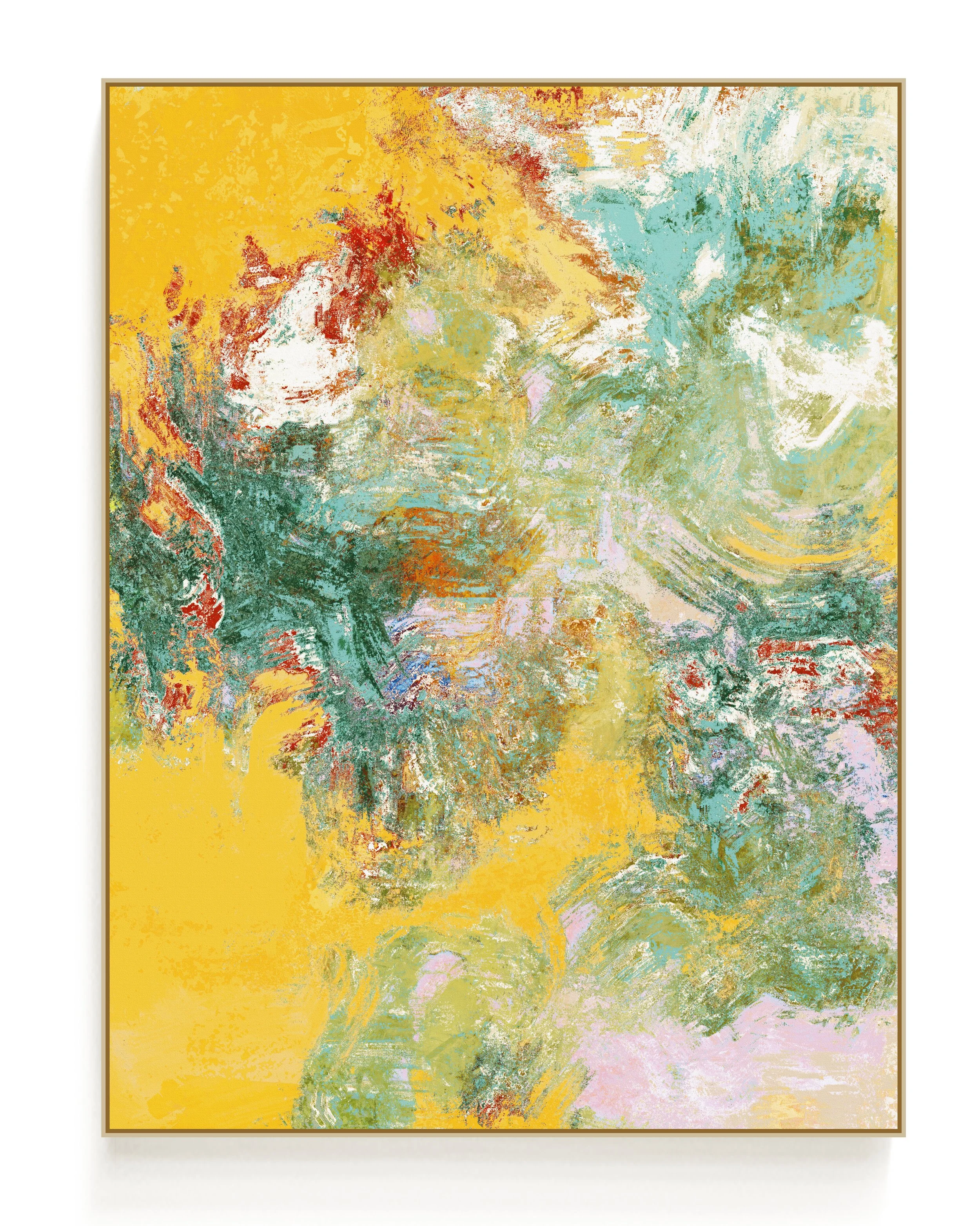 Abstract painting with vibrant colors including yellow, green, blue, pink, and white, featuring swirling and textured brushstrokes.
