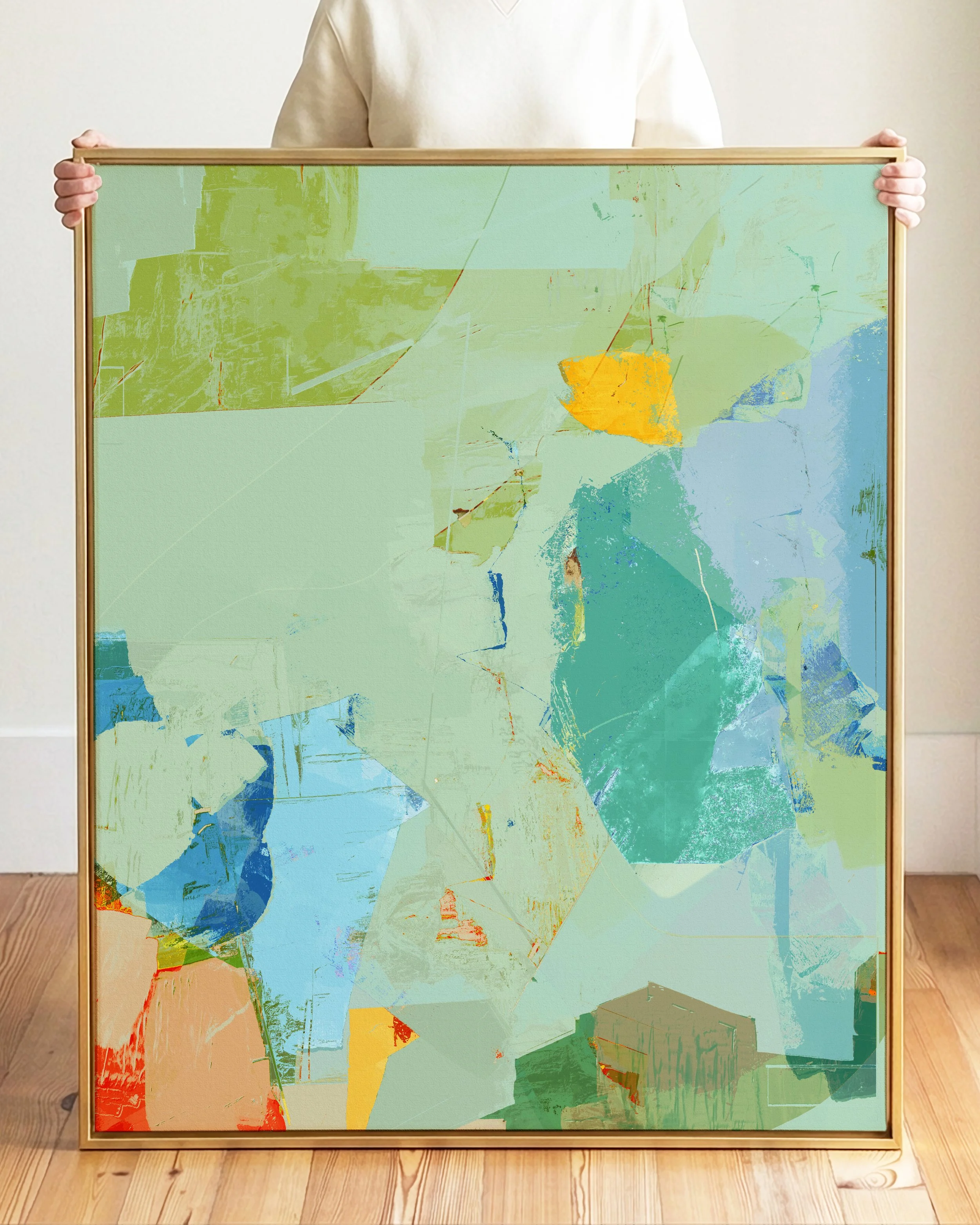 Abstract artwork with various geometric shapes and colors, including shades of blue, green, beige, white, red, and black.