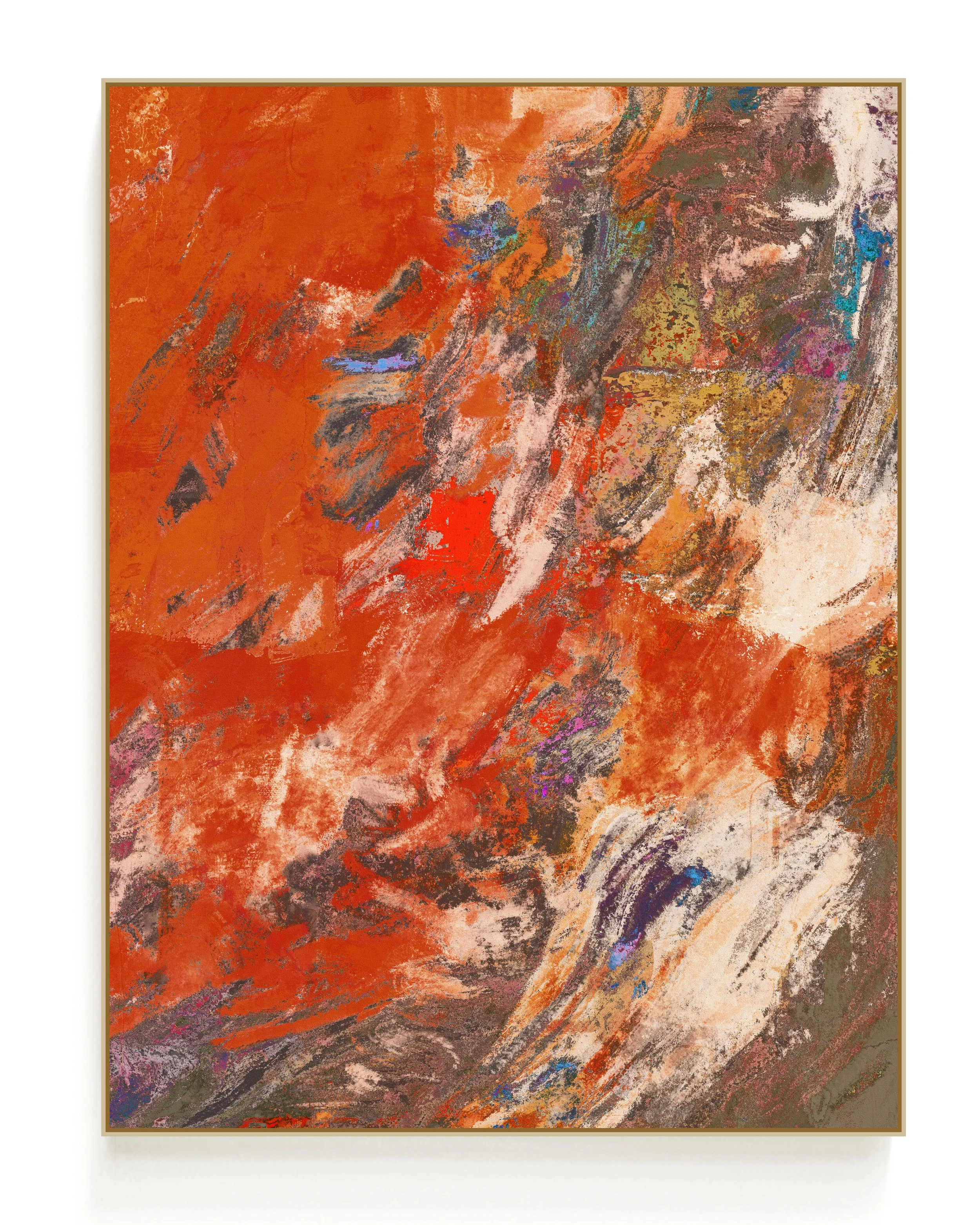 Abstract painting with orange, red, black, purple, and white brushstrokes and textures.