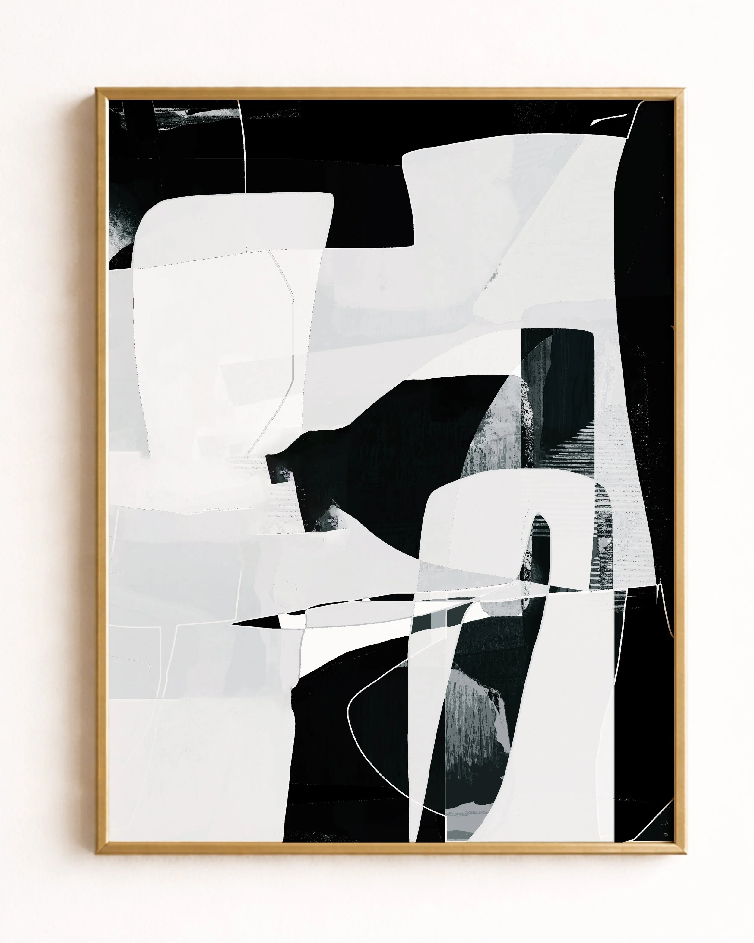 Abstract black and white geometric artwork with various shapes and lines.