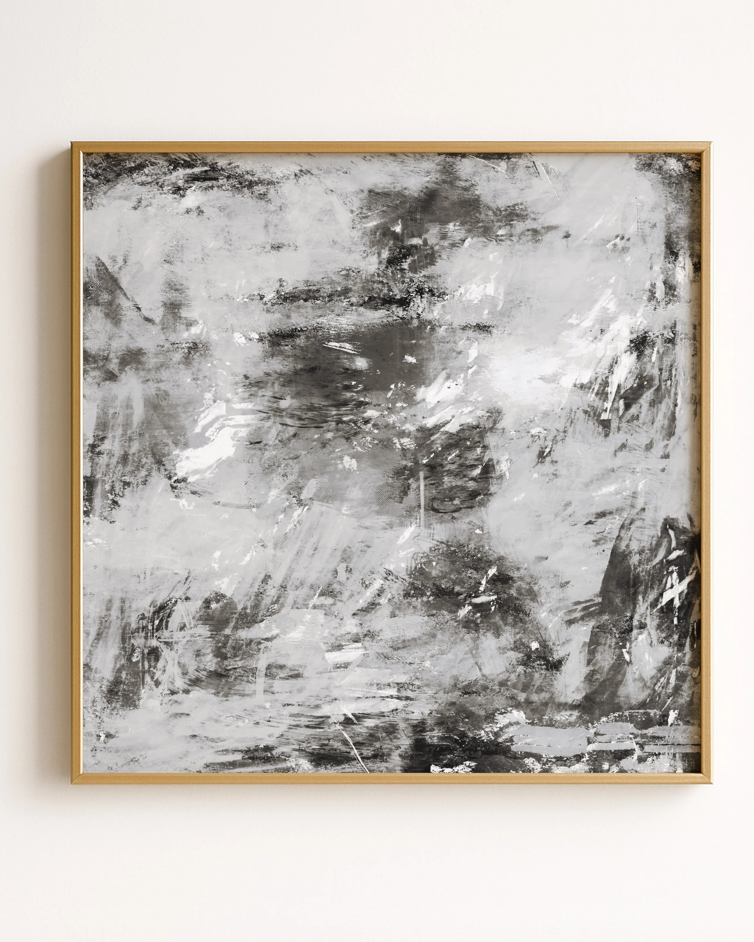 Abstract black and white textured painting with brushstrokes and layered patterns.