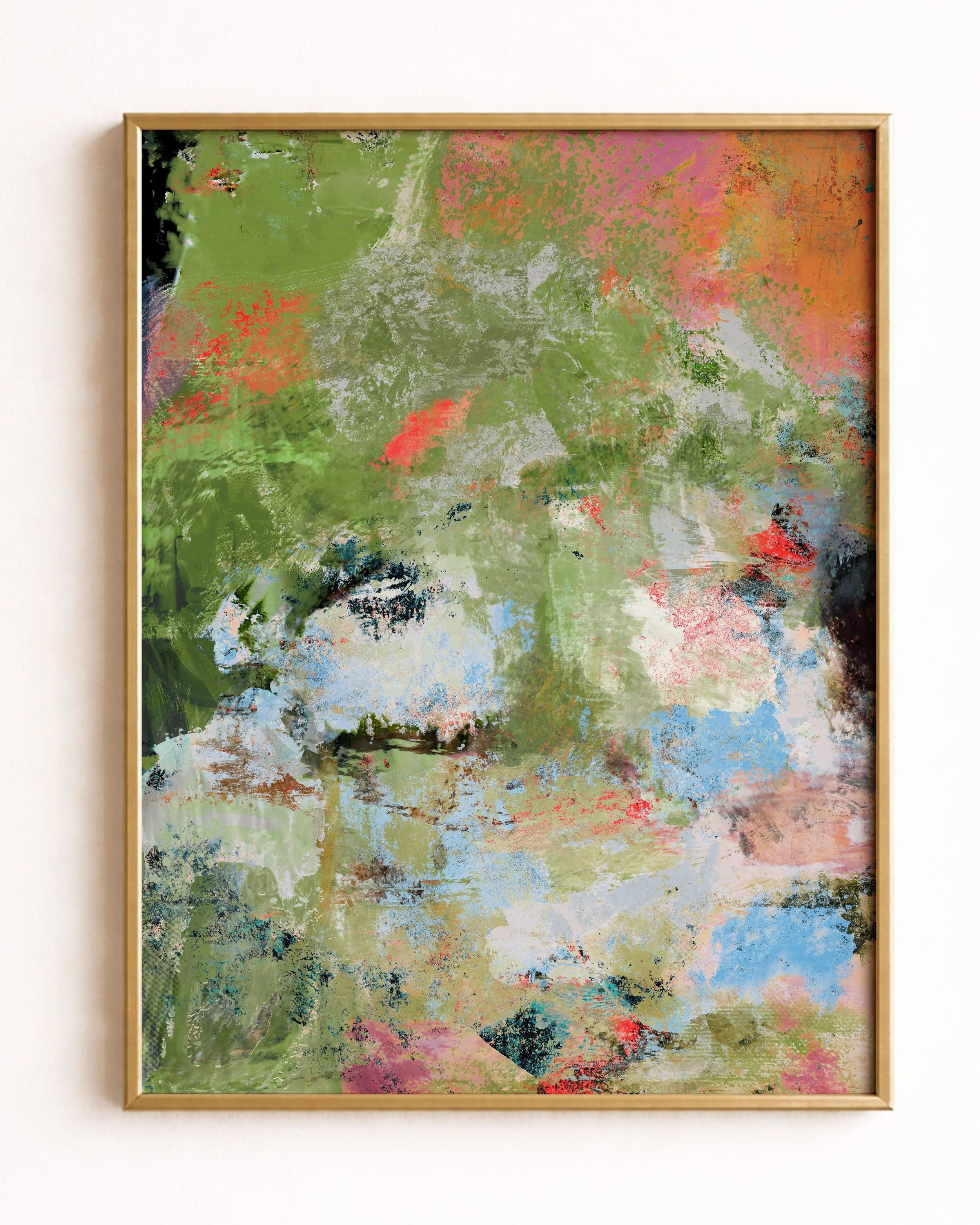 Abstract painting with green, orange, pink, white, and black brushstrokes.