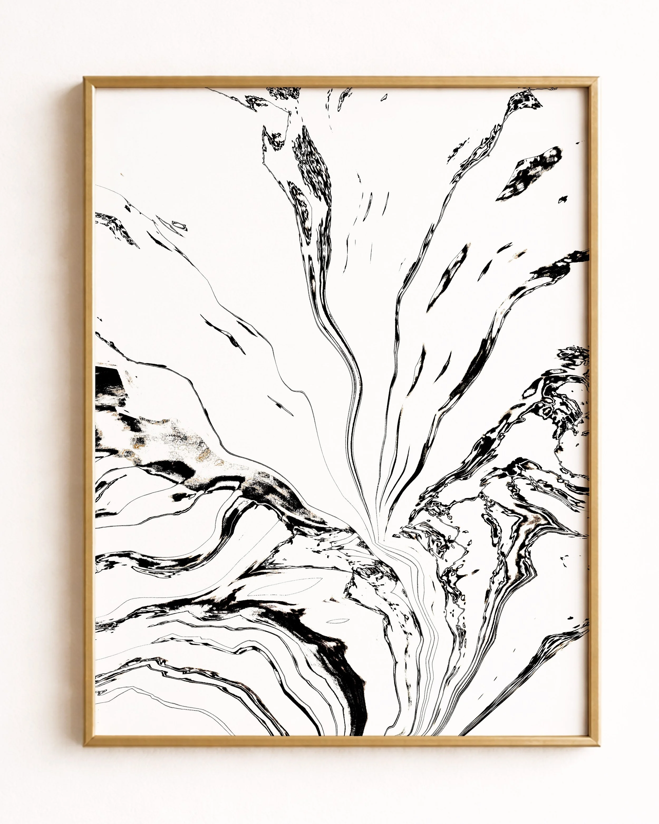 Abstract black and white marbled pattern with flowing lines and irregular shapes.