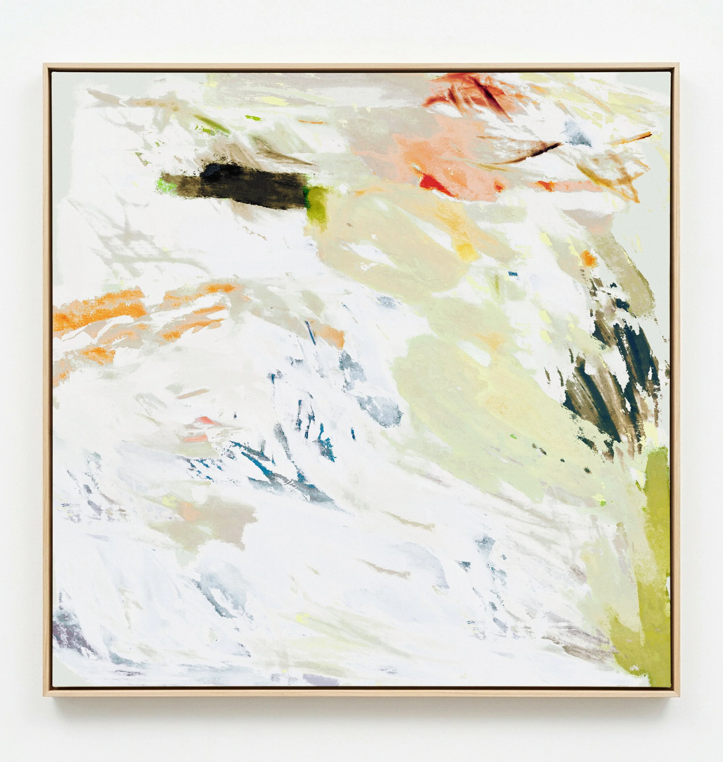 Abstract painting with swirls of white, black, orange, green, and blue colors.