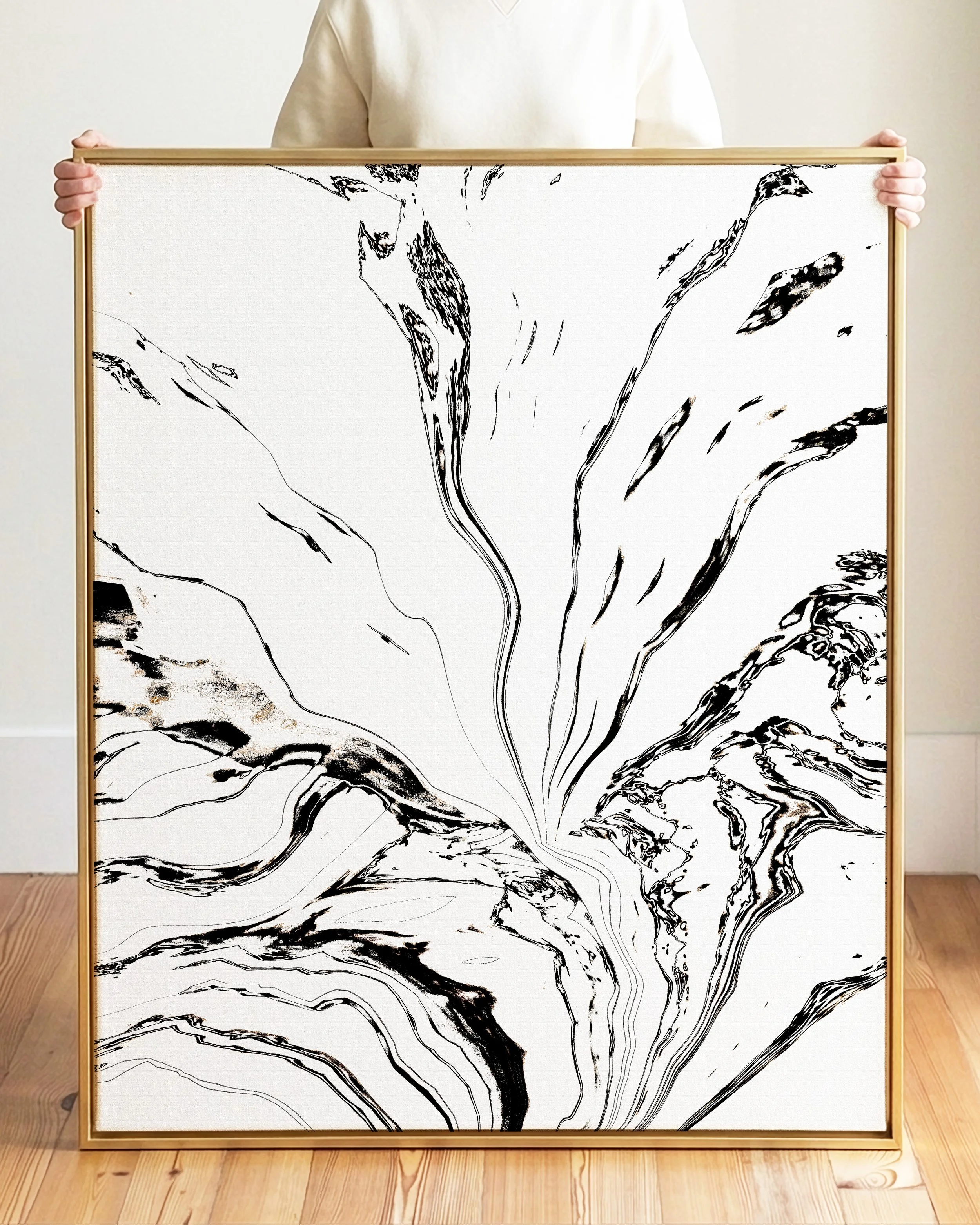 Abstract black and white marbled pattern with flowing lines and irregular shapes.