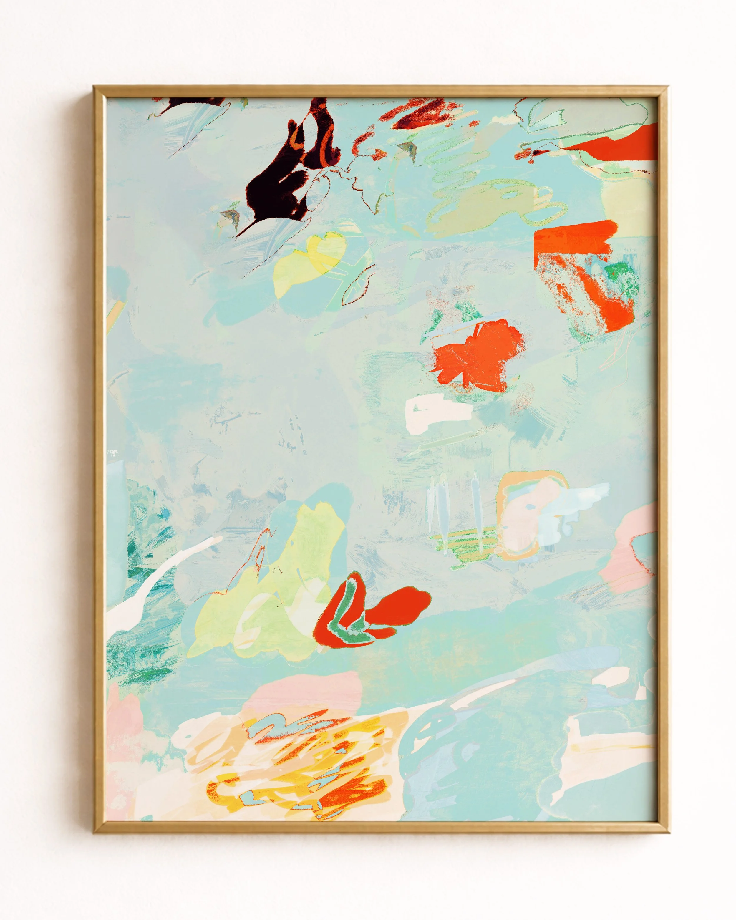 Abstract painting with various colors and shapes, including red, black, yellow, green, pink, and white, with brush strokes and smudges creating a layered, textured appearance.