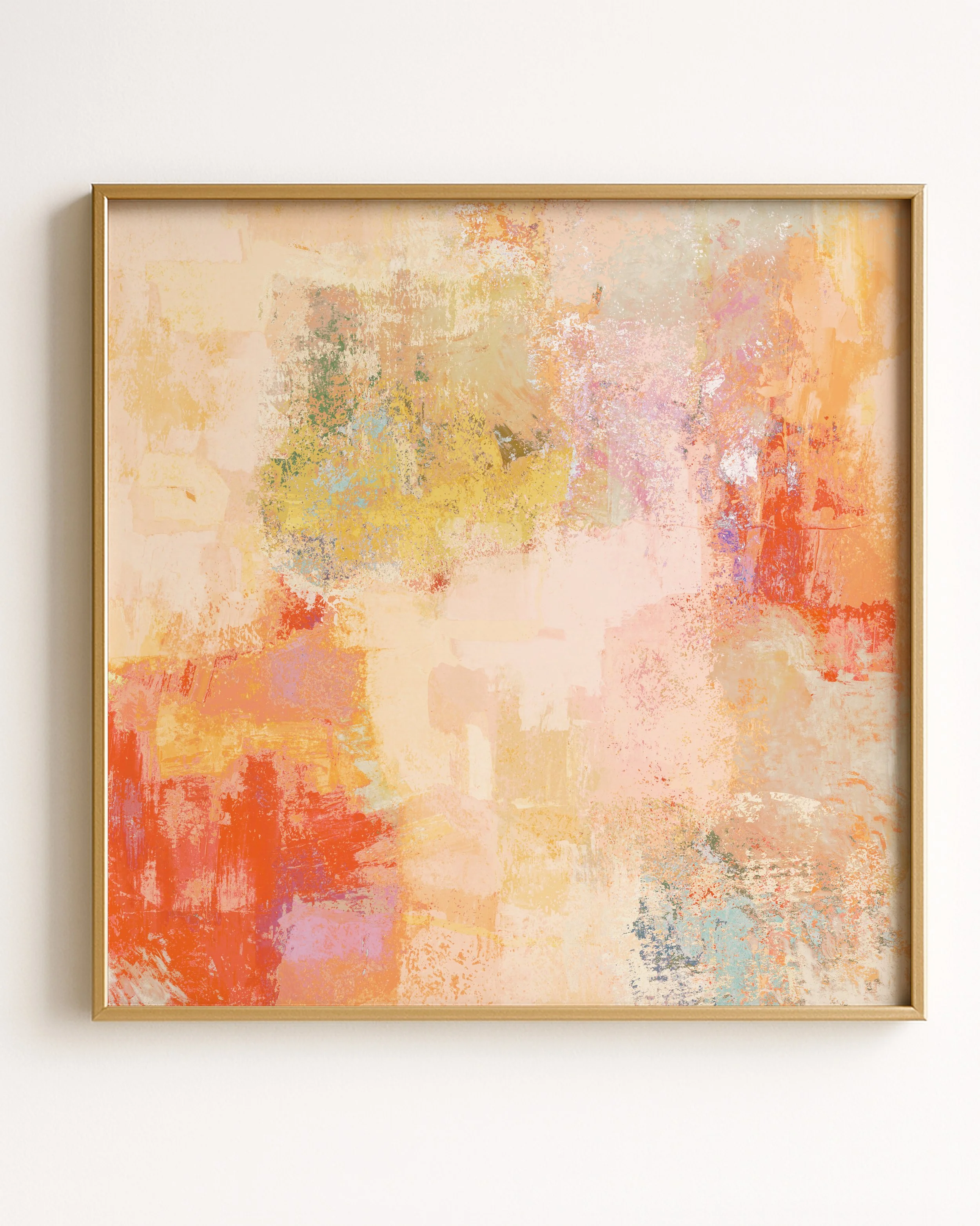 Abstract pastel-colored painting with shades of yellow, orange, pink, and green, featuring textured and blended brushstrokes.