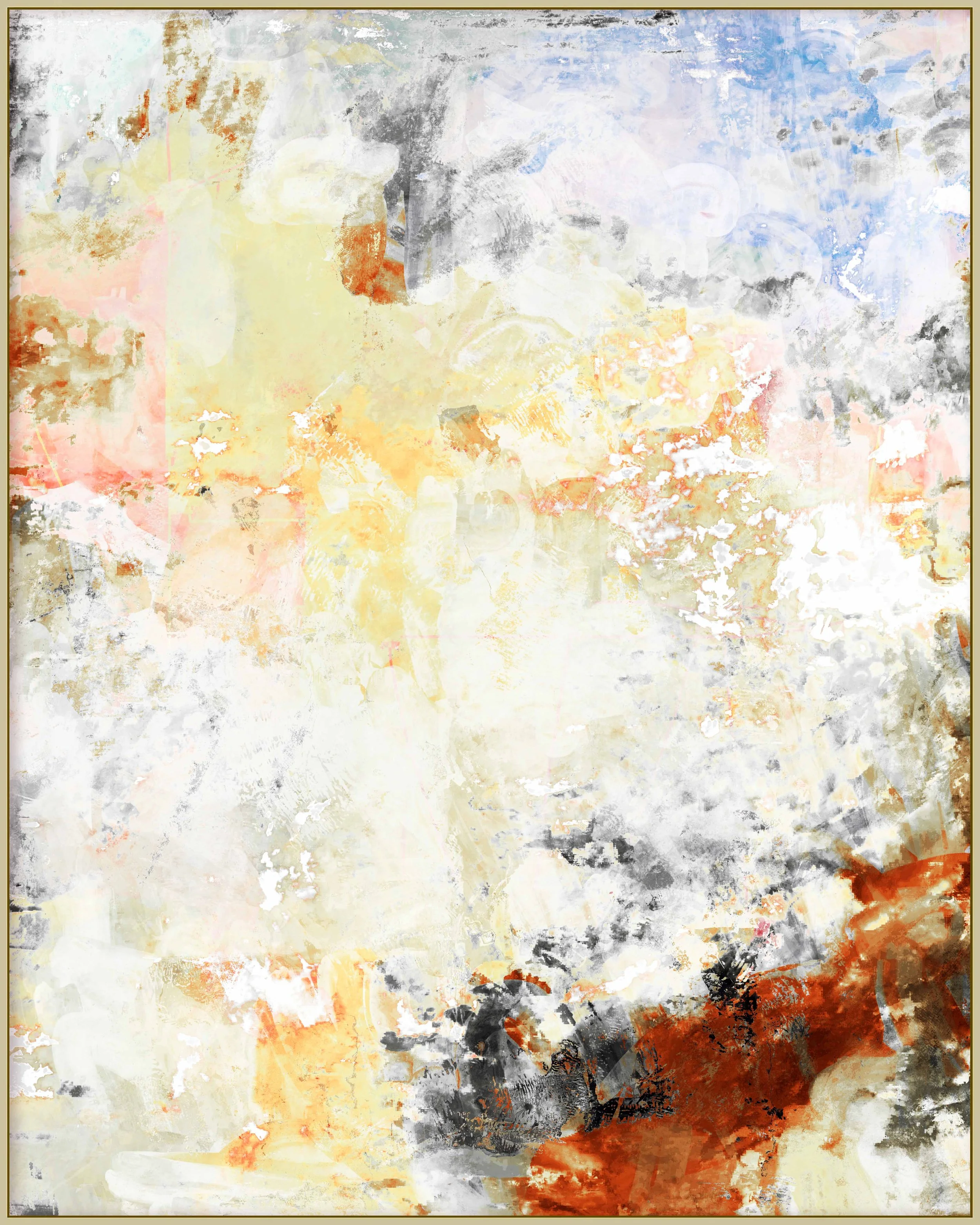 Abstract watercolor painting with splashes of orange, black, yellow, and white, blending into a soft, textured background.