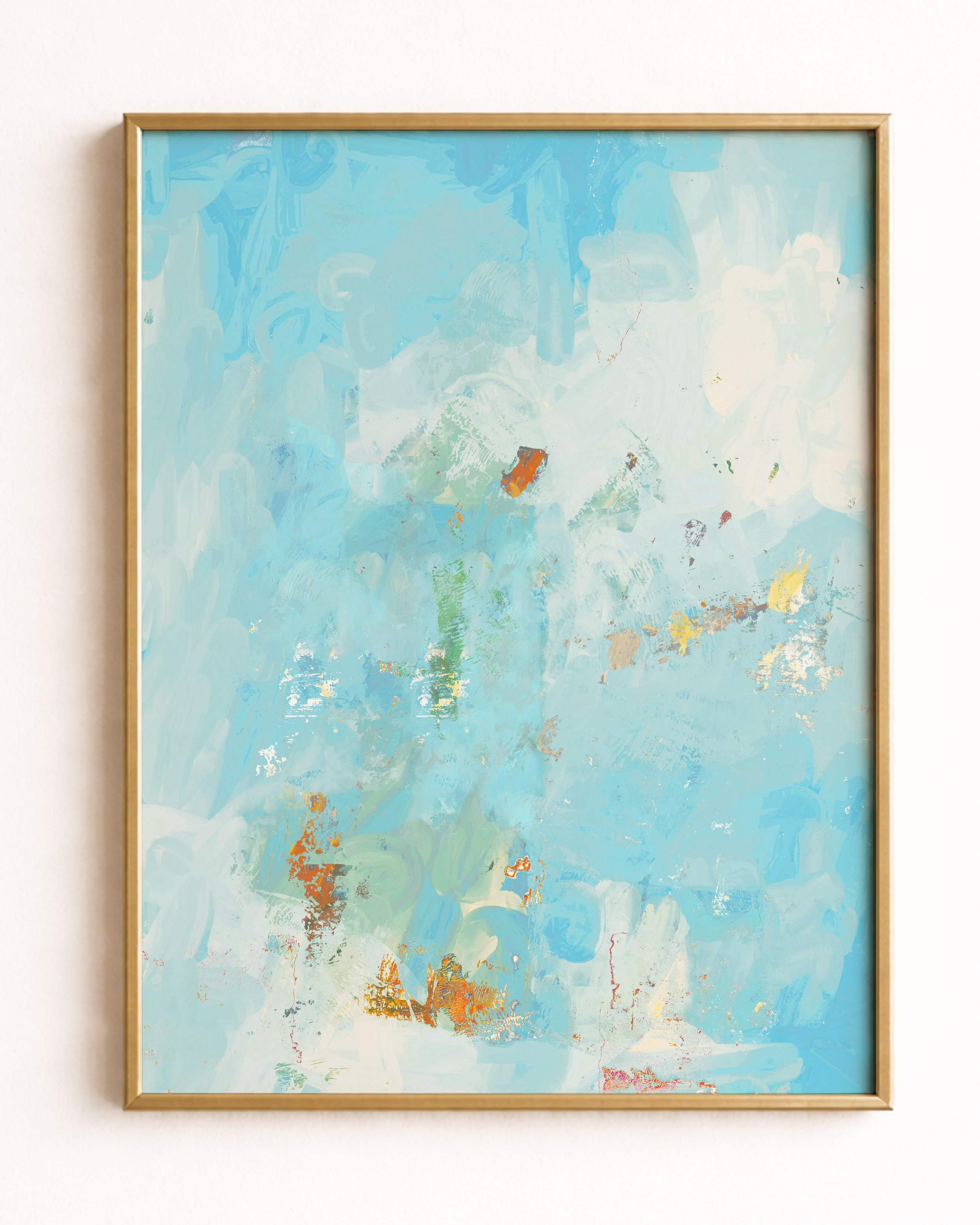 Abstract painting with various shades of blue, hints of orange, green, and white, and some textured brushstrokes.