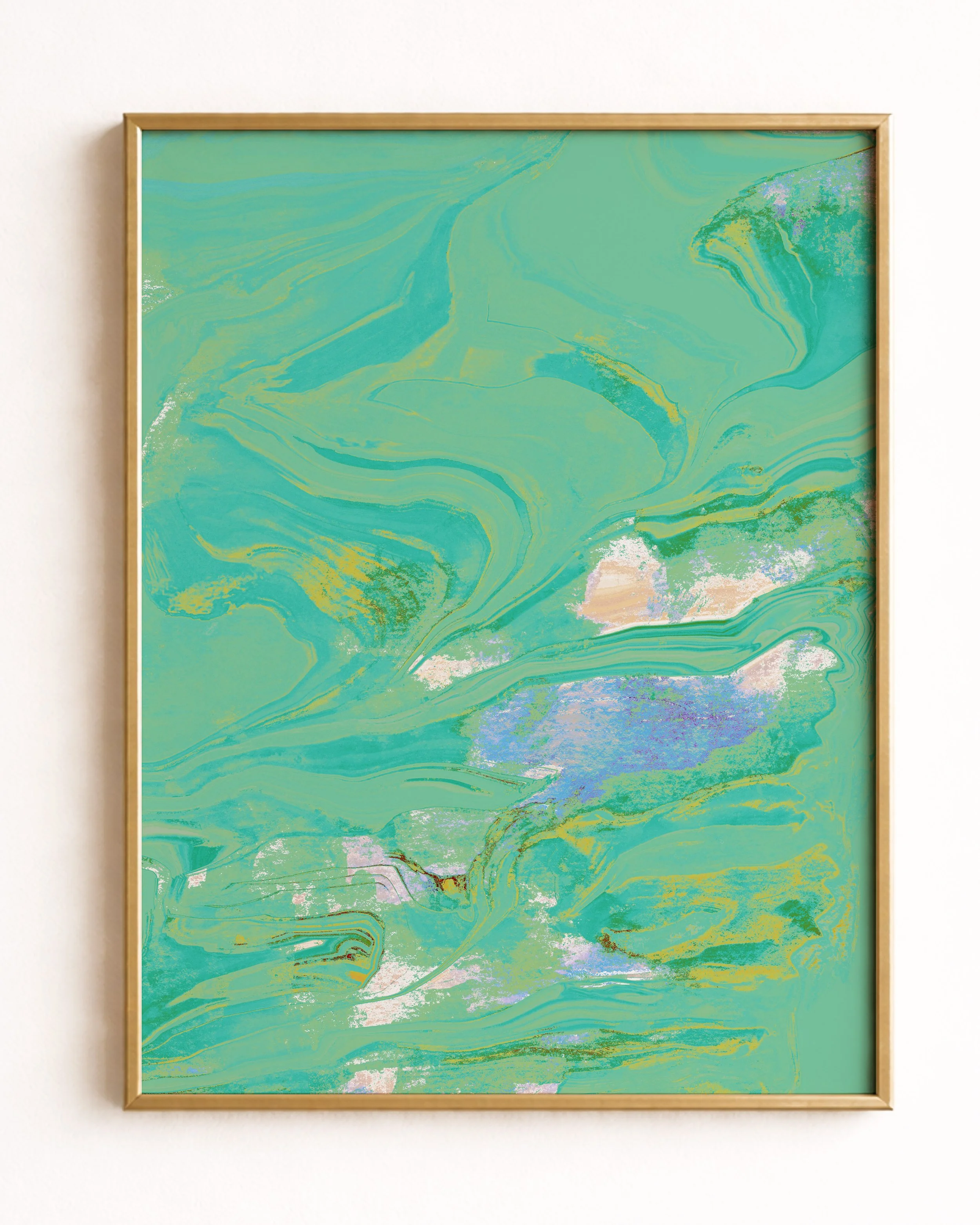 Abstract digital art with swirling shades of green, blue, yellow, purple, and hints of white, resembling marbled patterns.