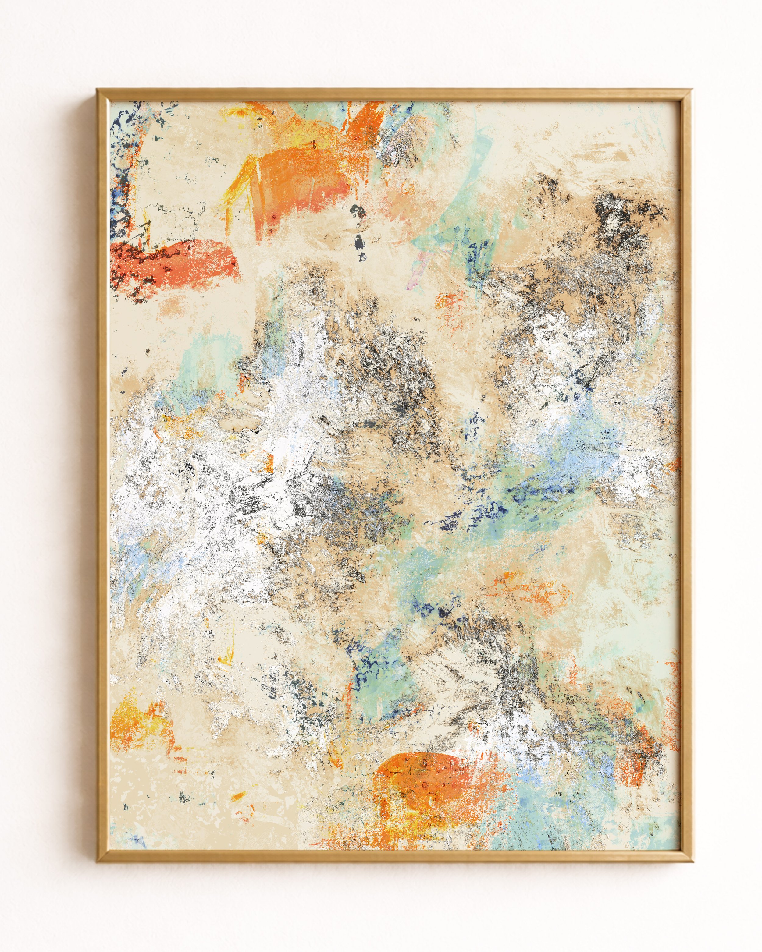 An abstract painting with pastel and earthy tones, including orange, beige, blue, green, black, and white, with a textured, layered appearance.