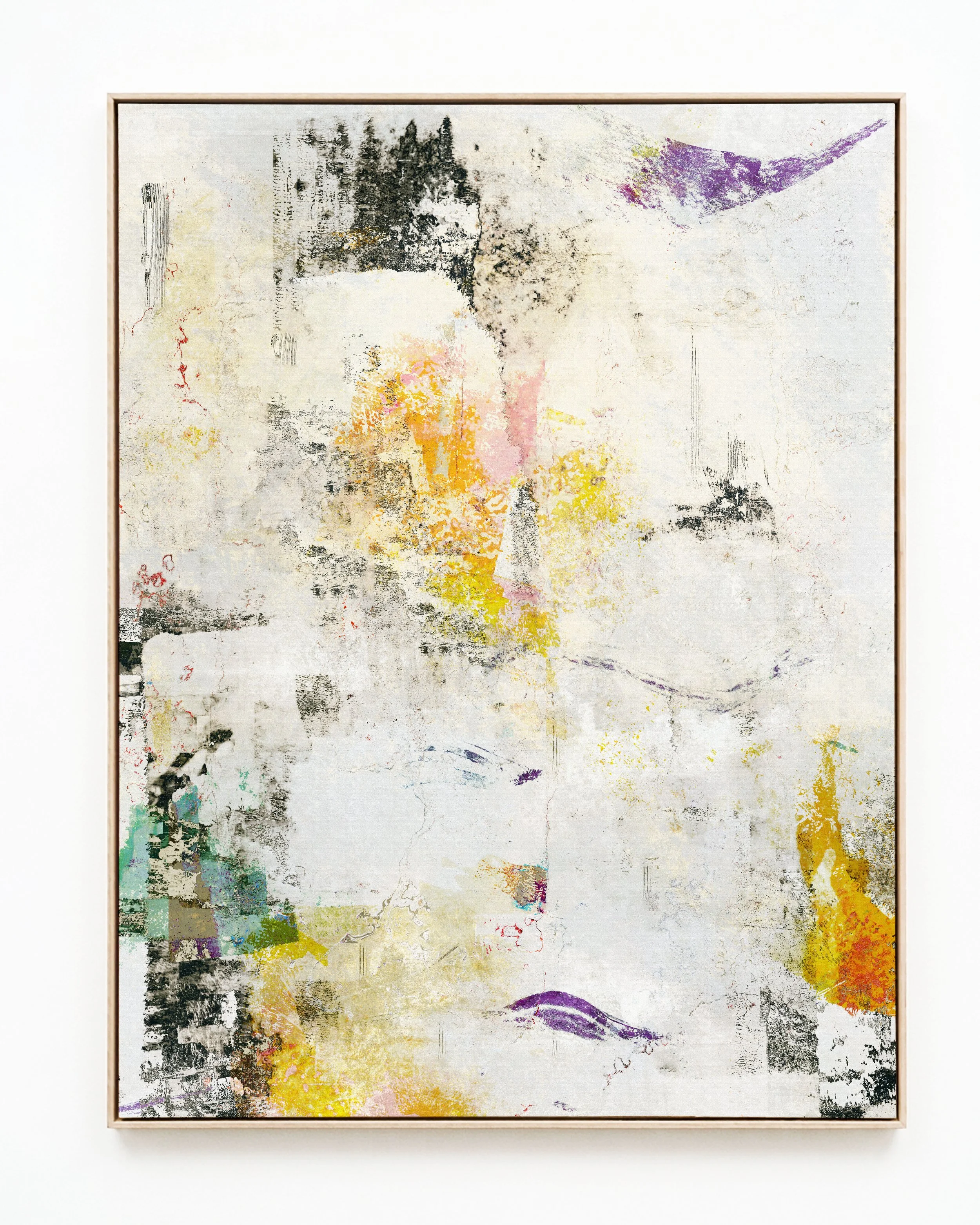 Abstract artwork with muted earthy tones, pink, yellow, purple, black, and white, featuring textured and smudged brushstrokes.